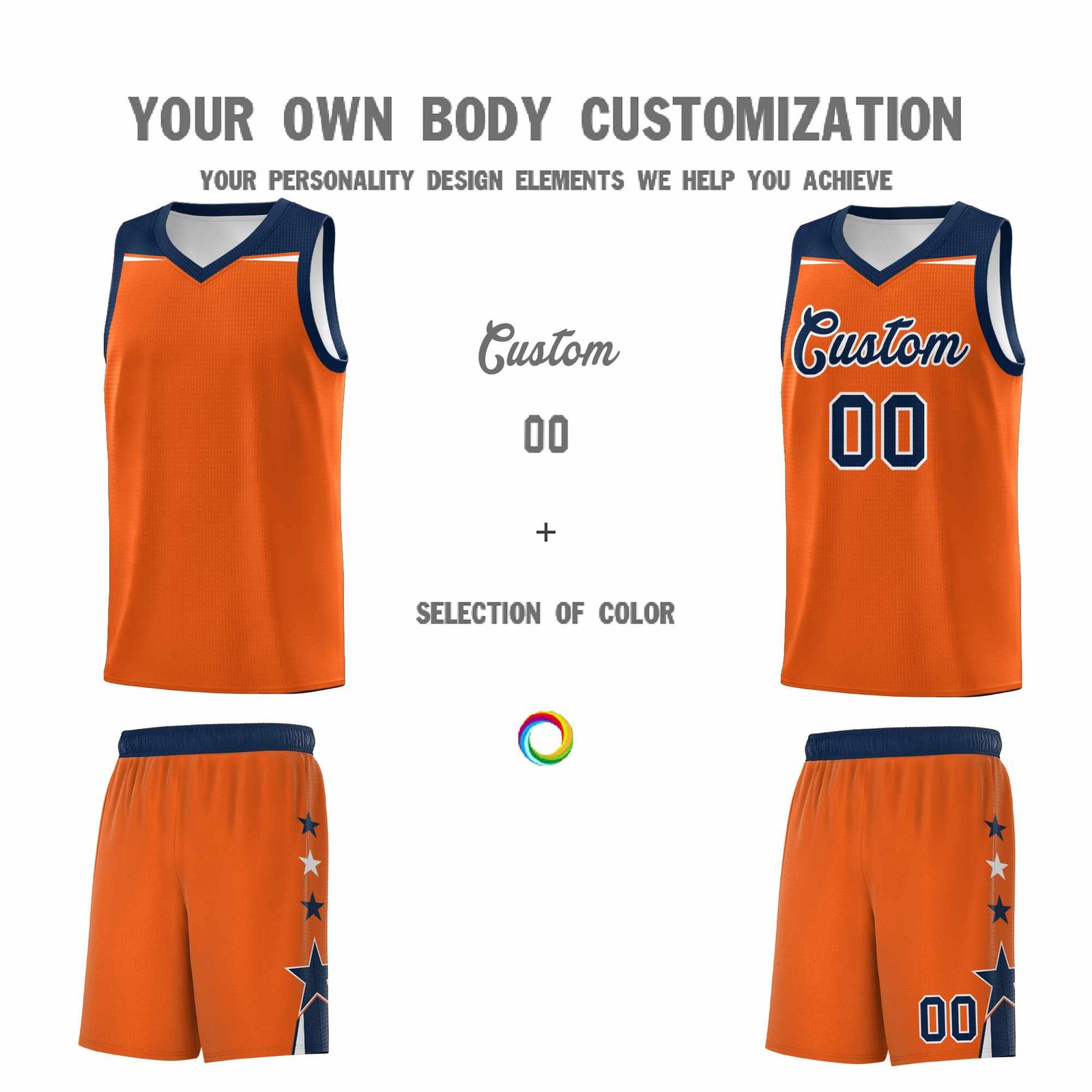 Custom Youth Basketball Uniform Orange Navy Two Tone Side Star Personalized Team Jersey