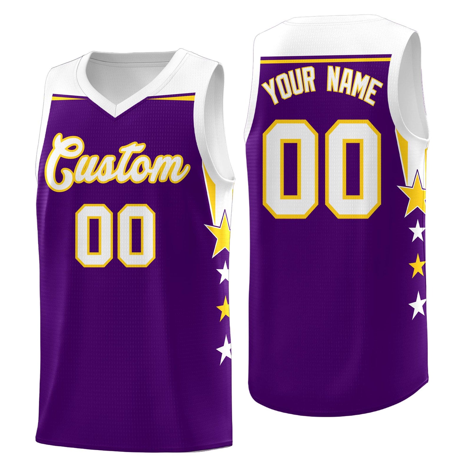 Custom Youth Basketball Uniform Purple White Two Tone Side Star Add Name Number & Logo