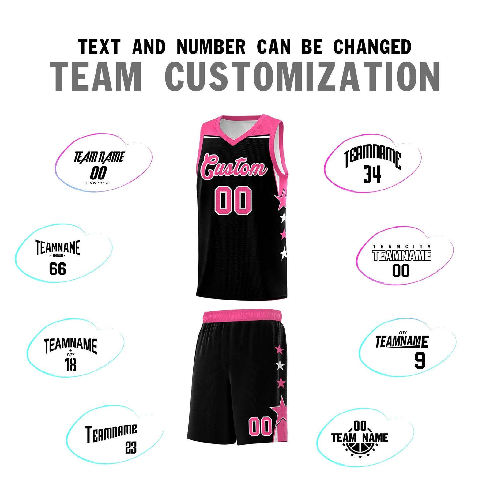Custom Youth Basketball Uniform Black Pink Two Tone Side Star Personalized Team Jersey