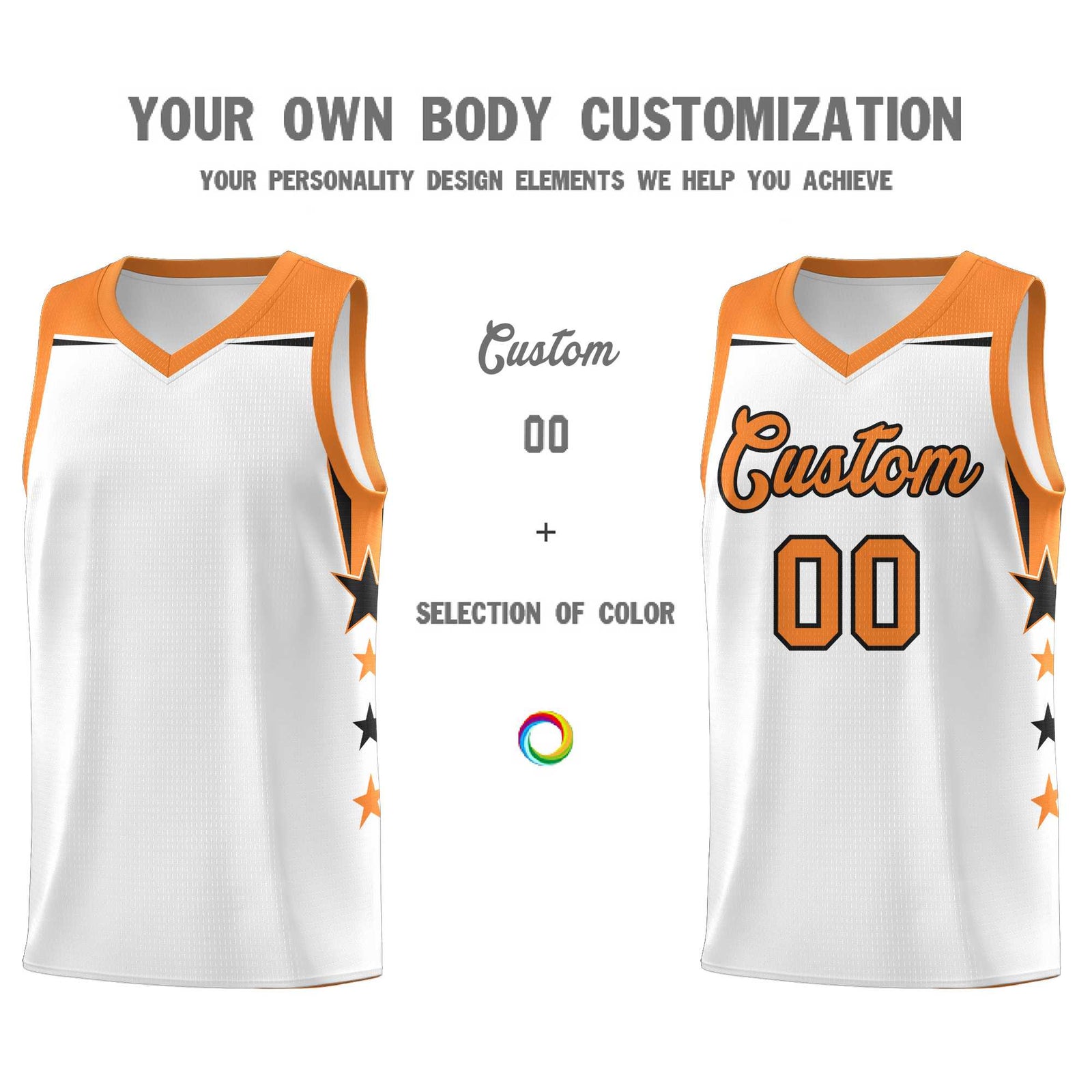 Custom Youth Basketball Uniform White Gold Orange Two Tone Side Star Color Block Team Jersey