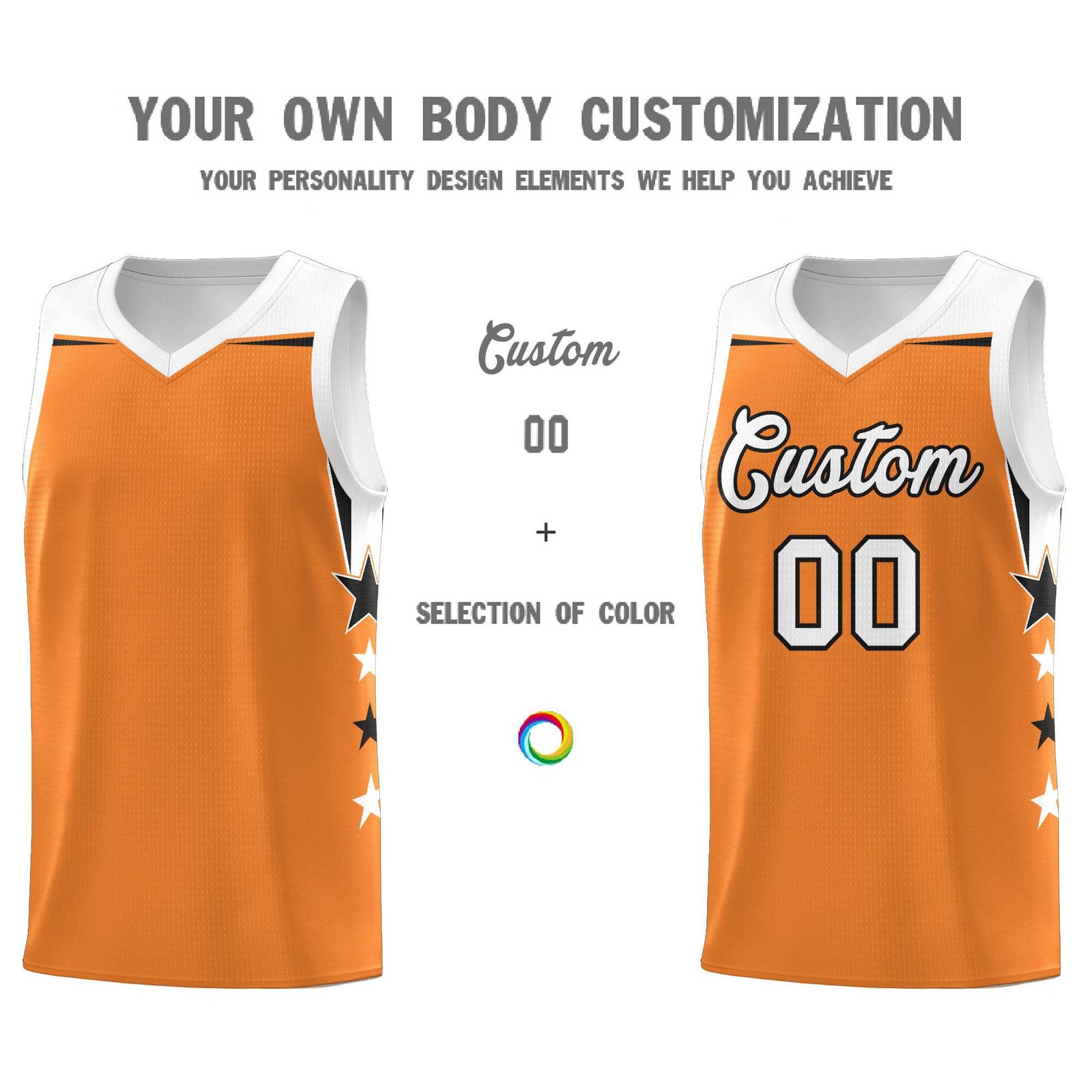 Custom Youth Basketball Uniform Gold Orange White Two Tone Side Star Add Name Number & Logo