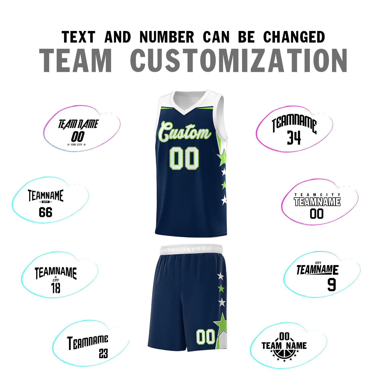 Custom Youth Basketball Uniform Navy White Two Tone Side Star Add Name Number & Logo
