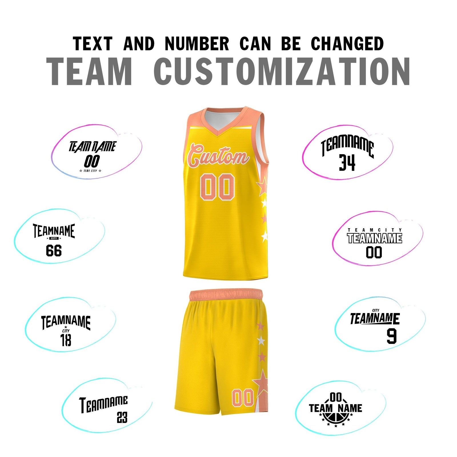 Custom Youth Basketball Uniform Gold Light Orange Two Tone Side Star Color Block Team Jersey