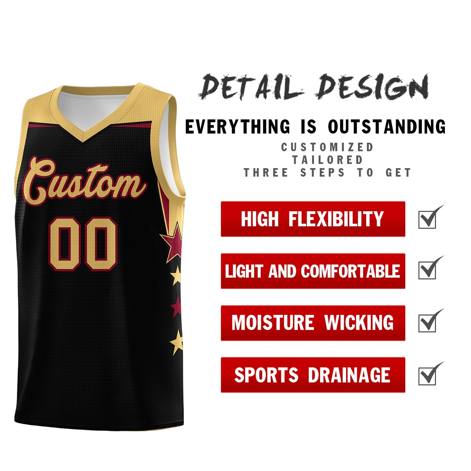 Custom Youth Basketball Uniform Black Old Gold Two Tone Side Star Add Name Number & Logo