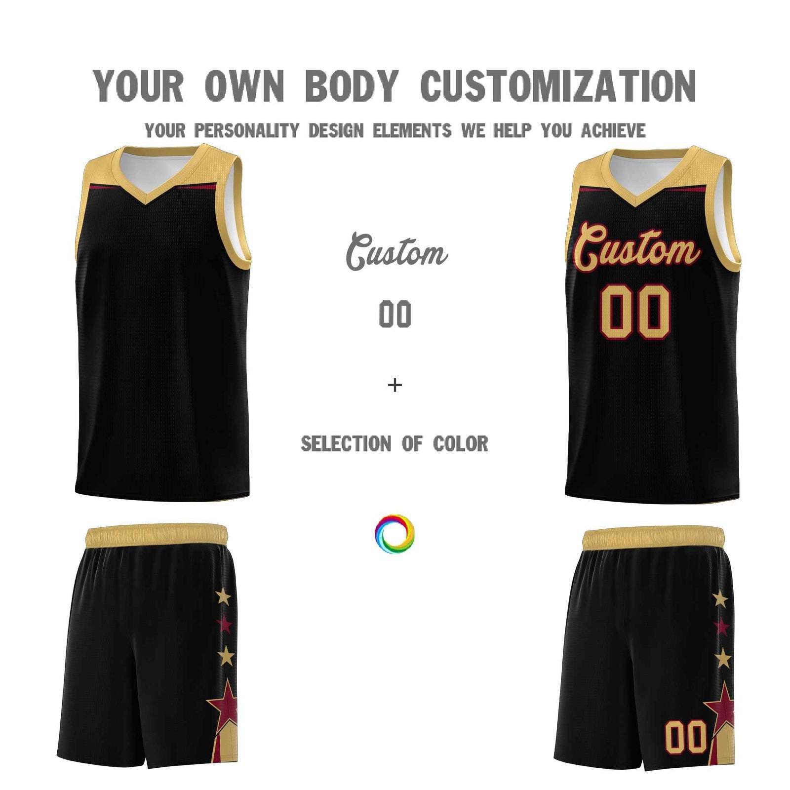 Custom Youth Basketball Uniform Black Old Gold Two Tone Side Star Add Name Number & Logo