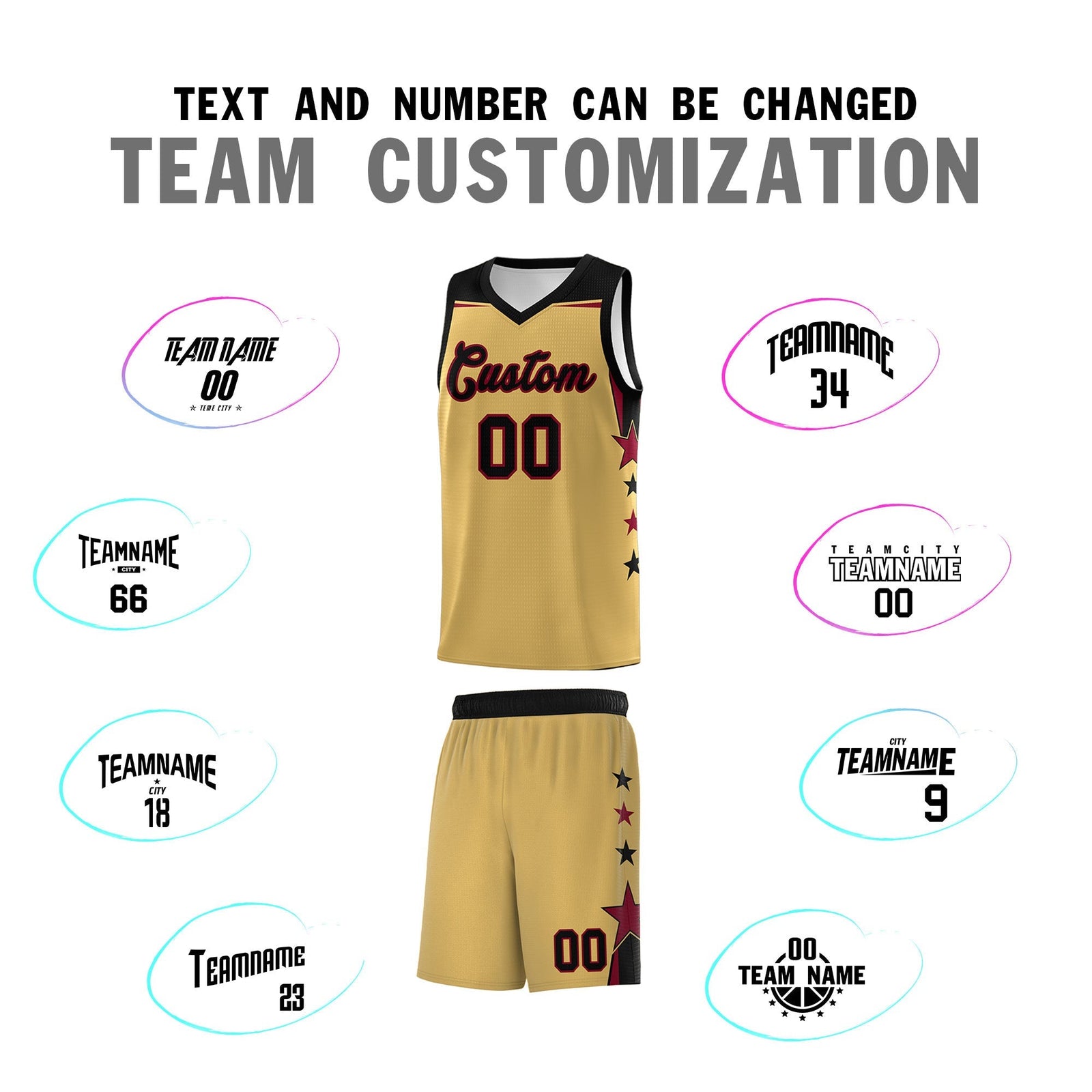 Custom Youth Basketball Uniform Old Gold Black Two Tone Side Star Personalized Team Jersey
