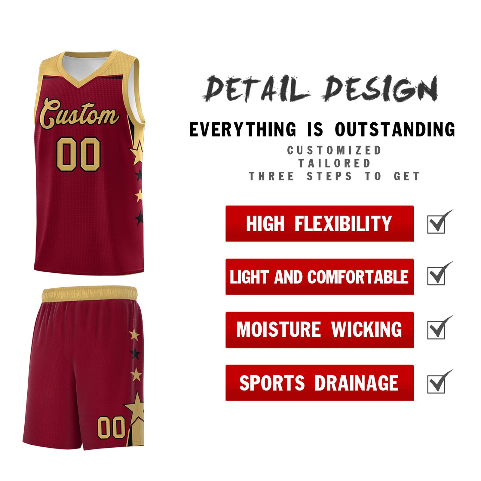 Custom Youth Basketball Uniform Crimson Old Gold Two Tone Side Star Color Block Team Jersey