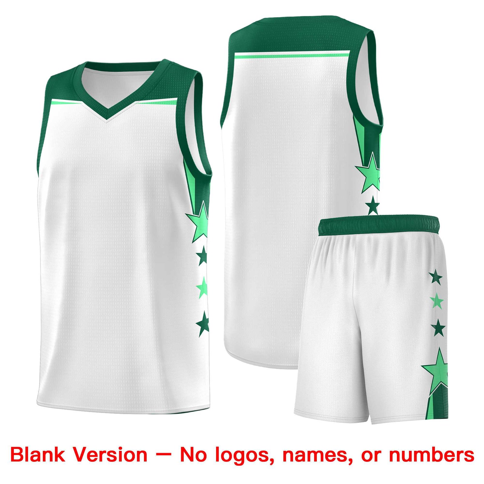 Custom Youth Basketball Uniform White Kelly Green Two Tone Side Star Add Name Number & Logo