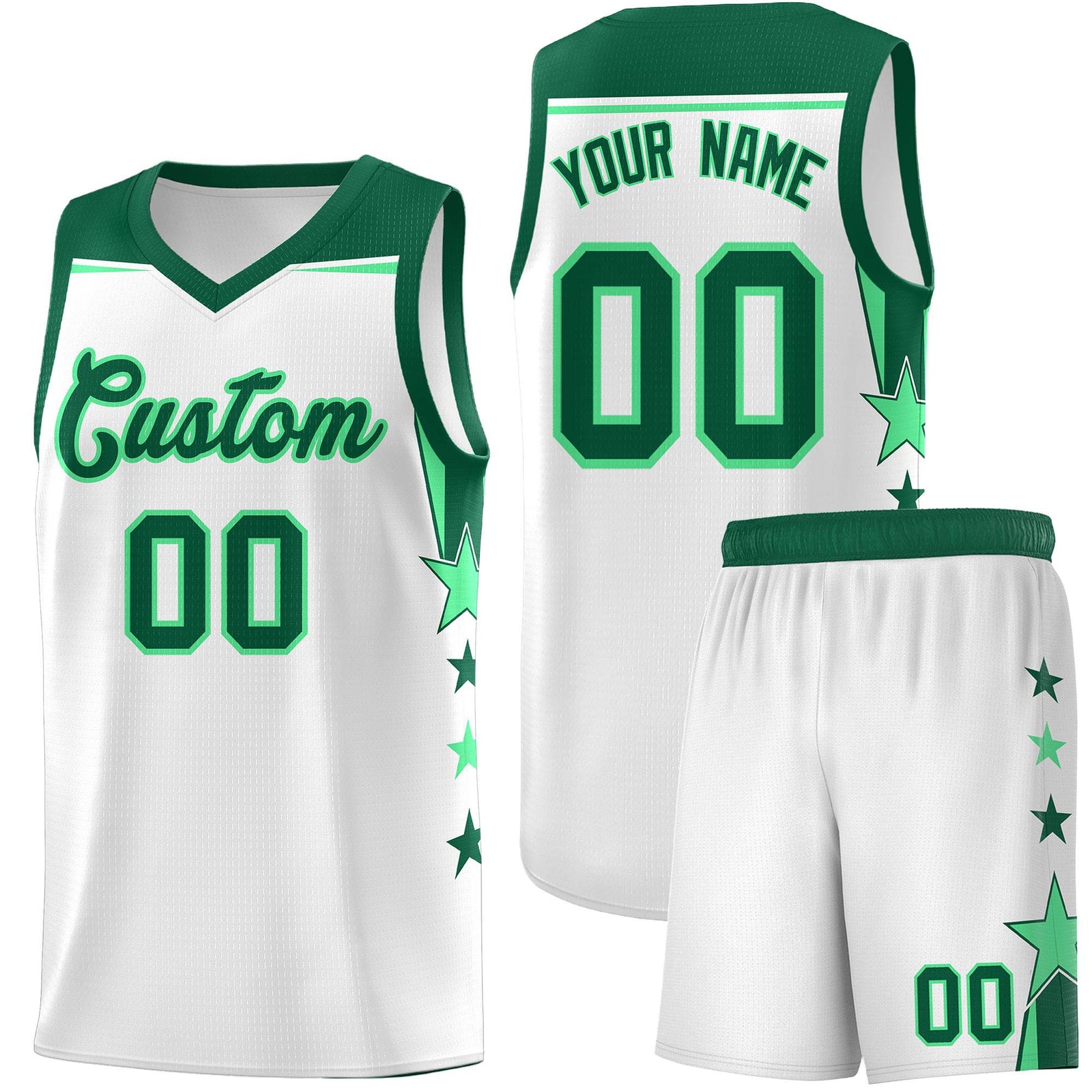Custom Youth Basketball Uniform White Kelly Green Two Tone Side Star Add Name Number & Logo