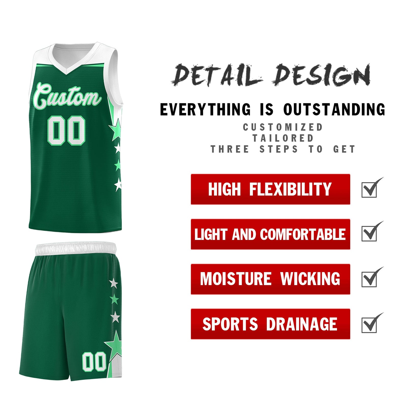 Custom Youth Basketball Uniform Kelly Green White Two Tone Side Star Personalized Team Jersey