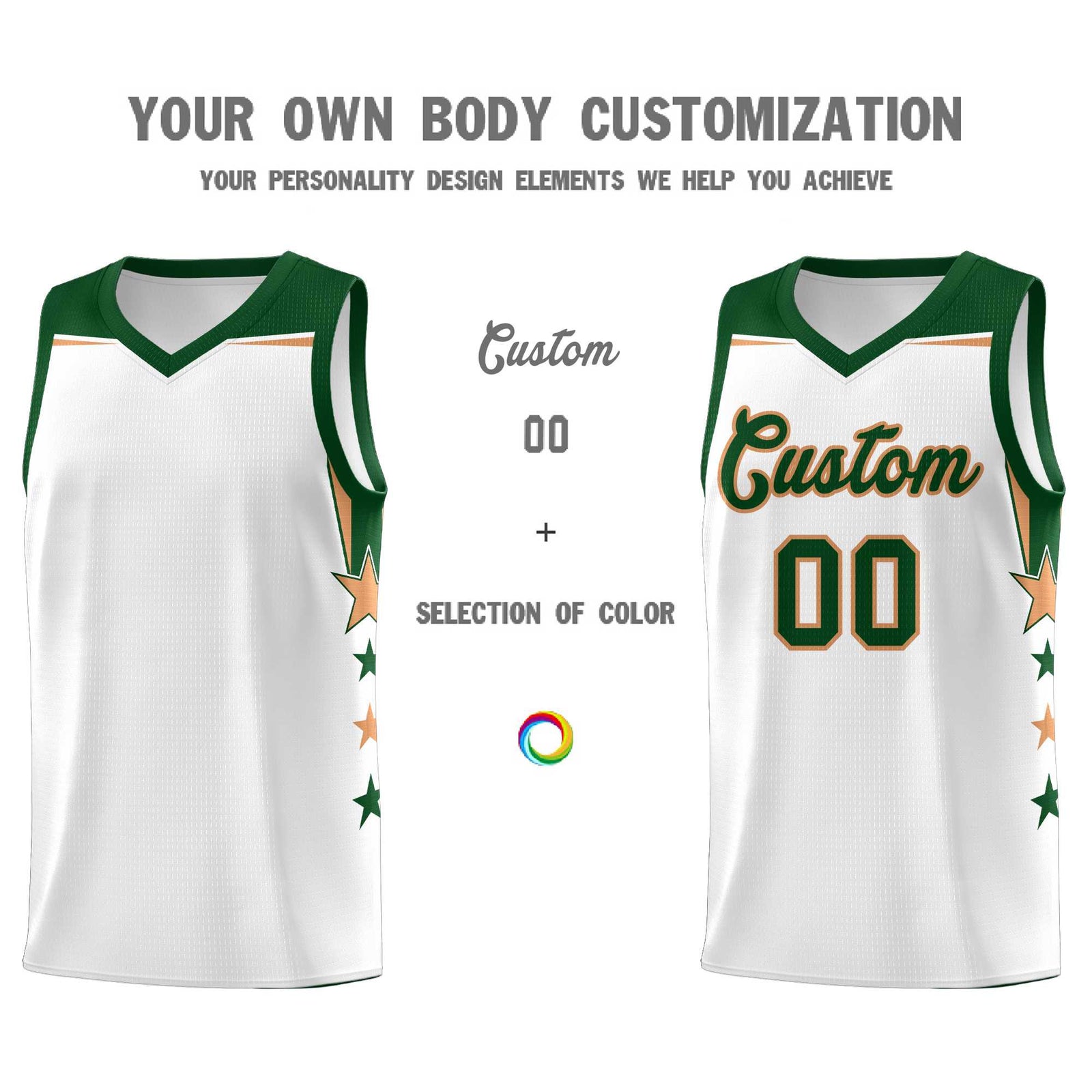 Custom Youth Basketball Uniform White Green Two Tone Side Star Add Name Number & Logo