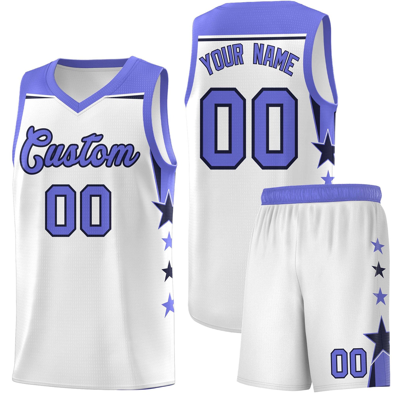 Custom Youth Basketball Uniform White Purple Two Tone Side Star Add Name Number & Logo