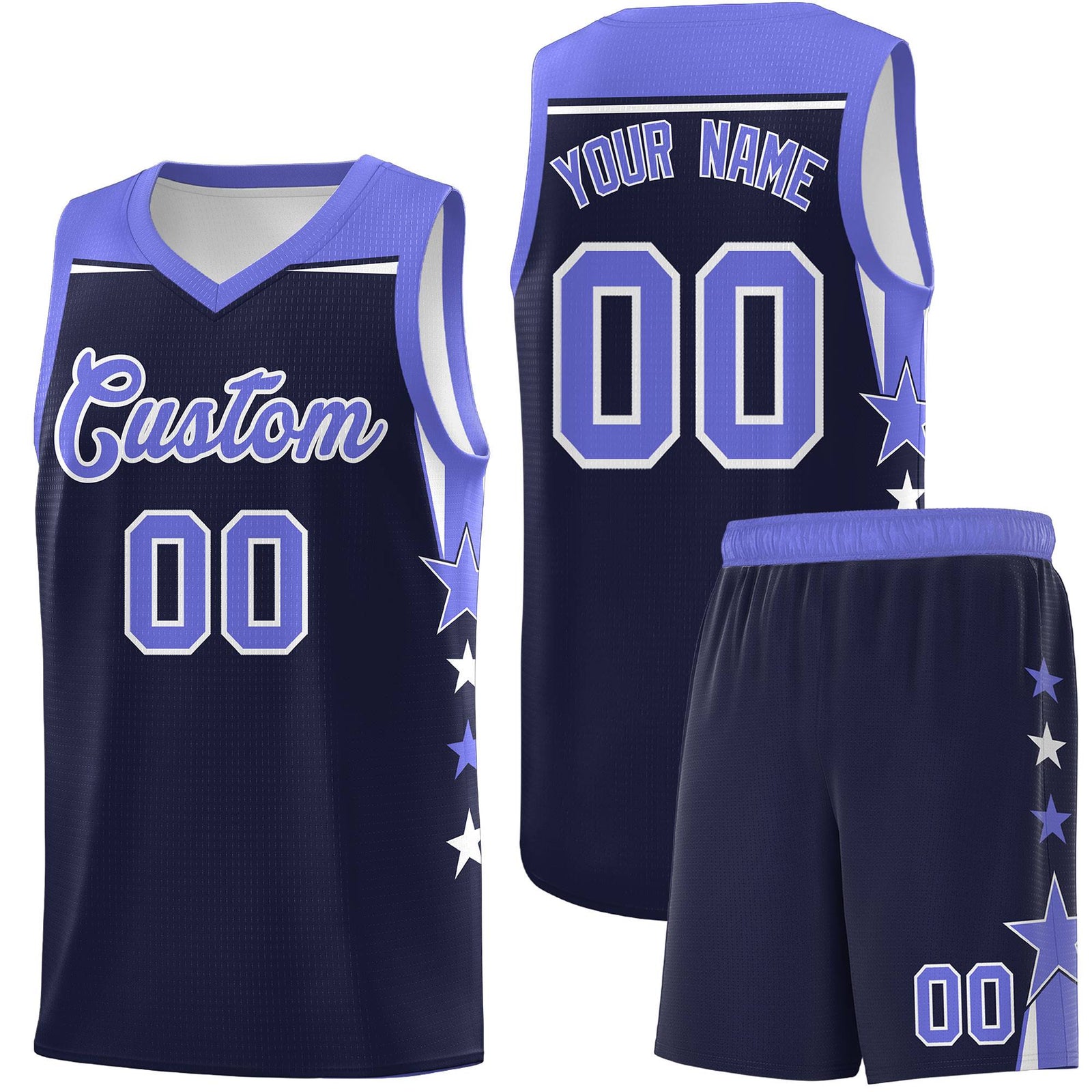 Custom Youth Basketball Uniform Navy Purple Two Tone Side Star Color Block Team Jersey