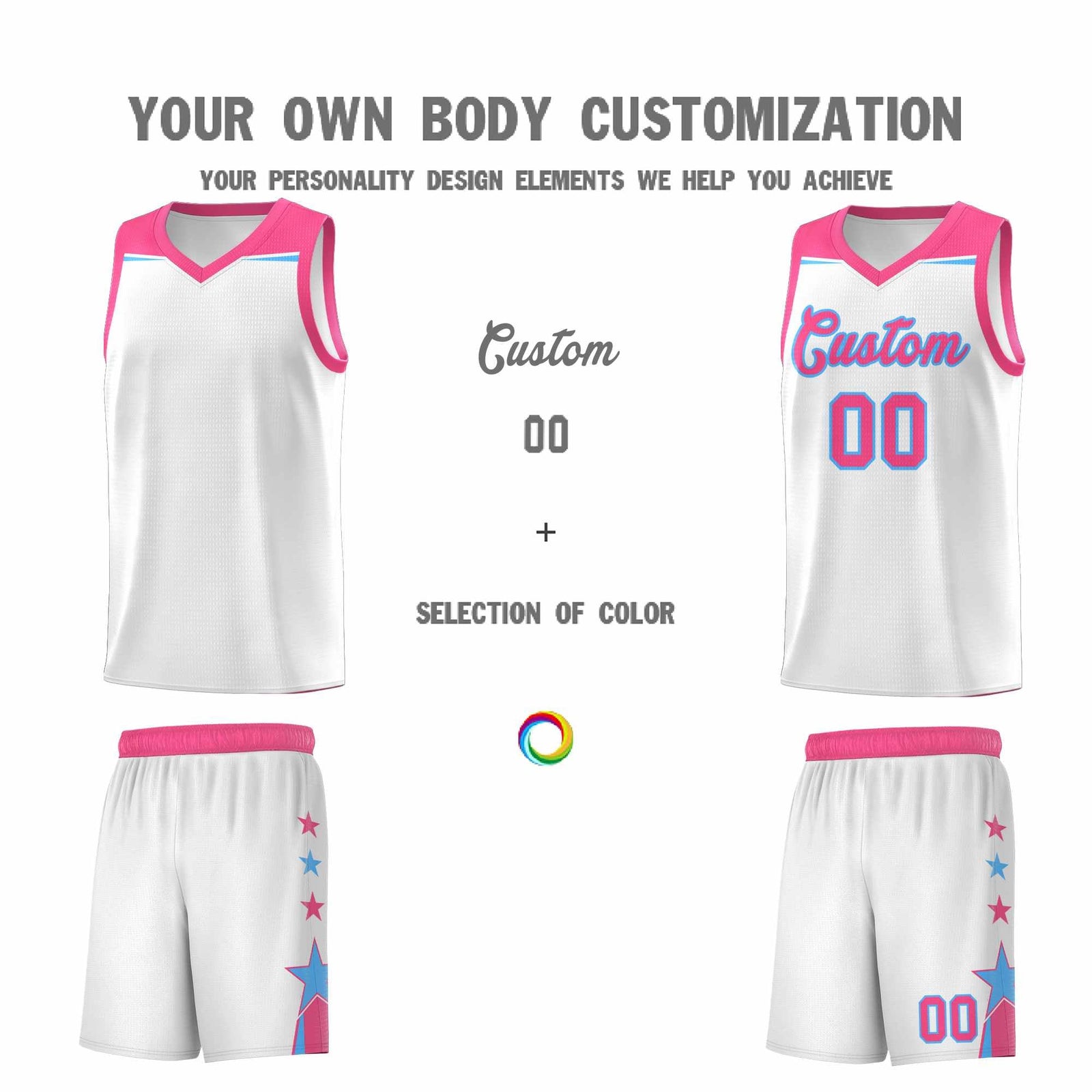 Custom Youth Basketball Uniform White Pink Two Tone Side Star Add Name Number & Logo