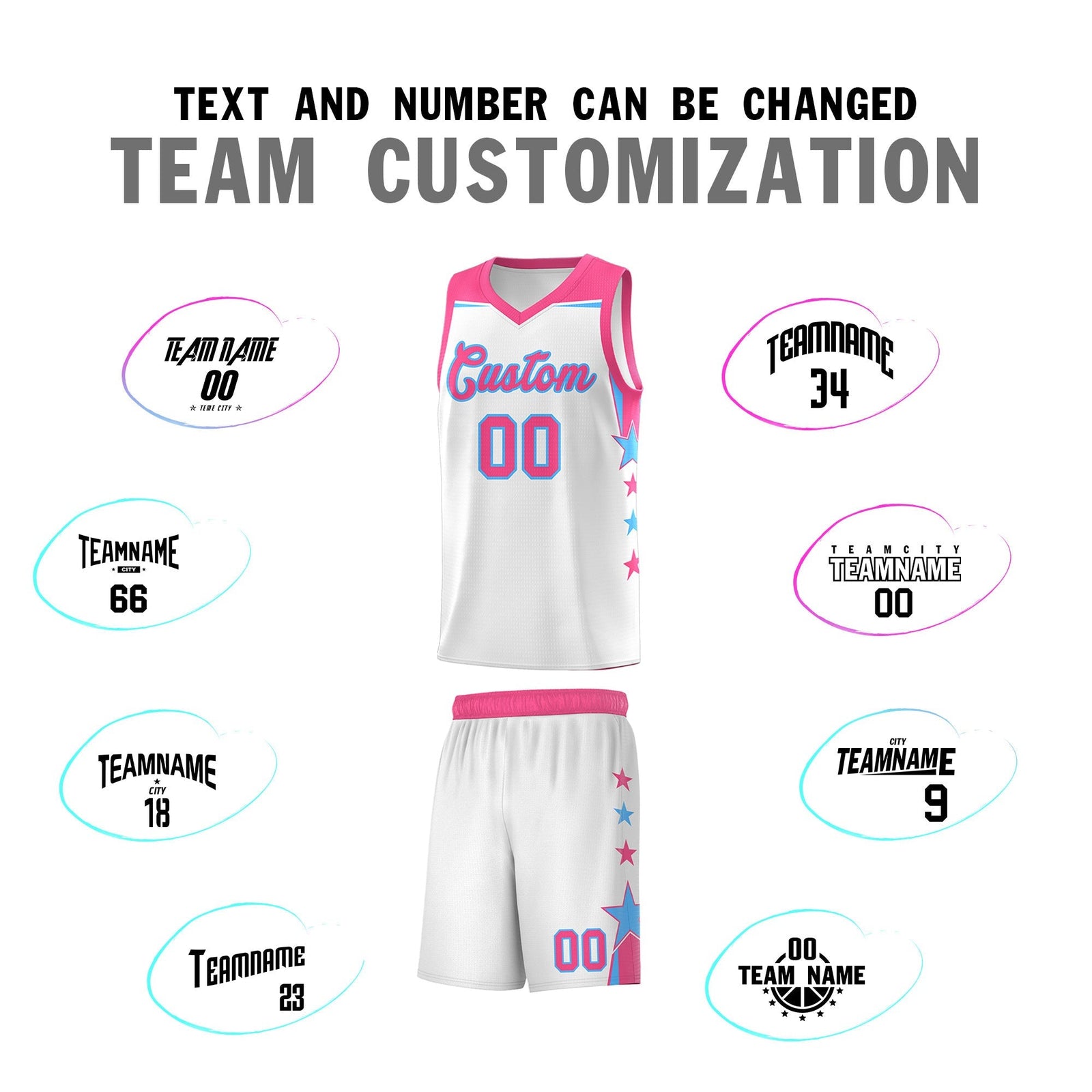 Custom Youth Basketball Uniform White Pink Two Tone Side Star Add Name Number & Logo
