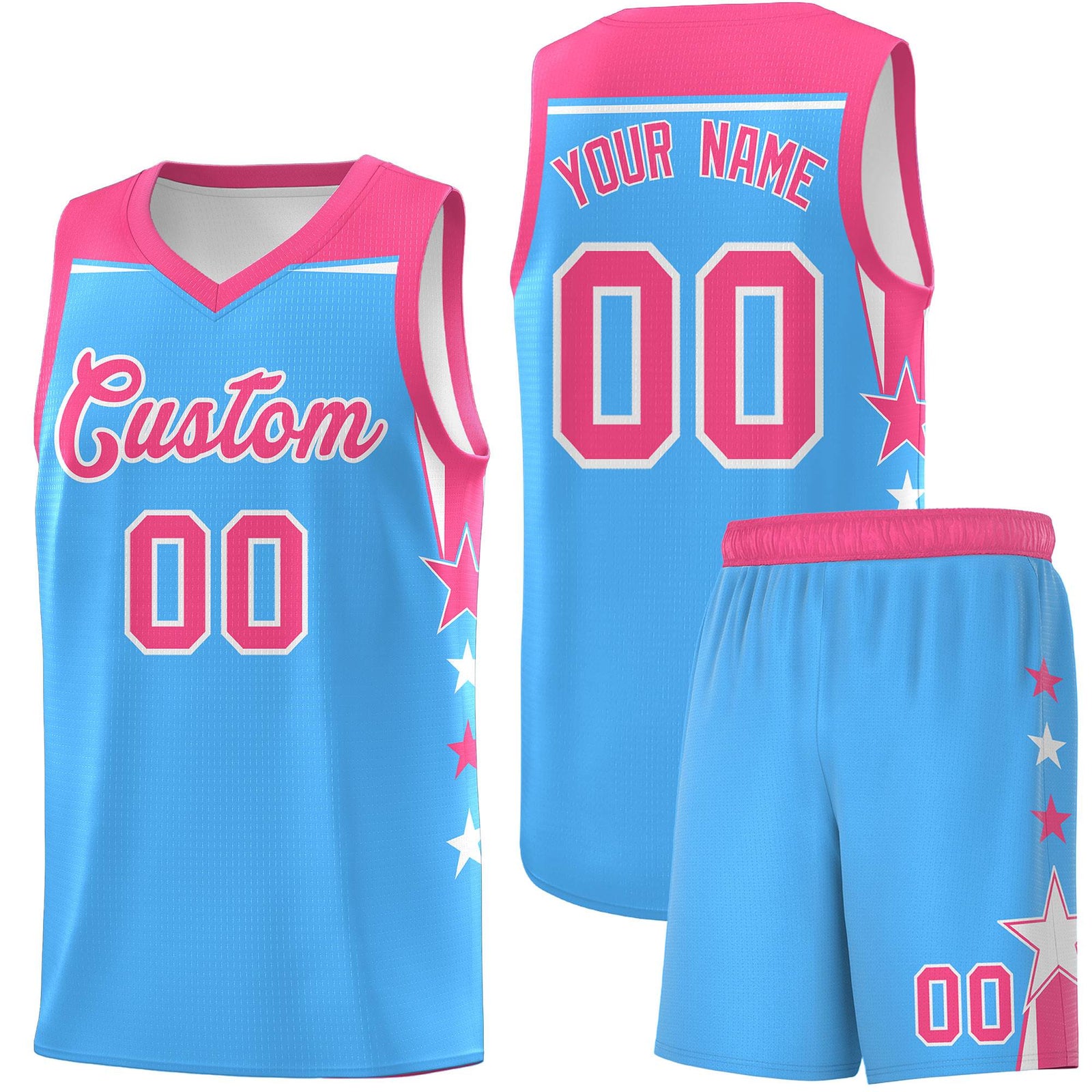 Custom Youth Basketball Uniform Powder Blue Pink Two Tone Side Star Color Block Team Jersey