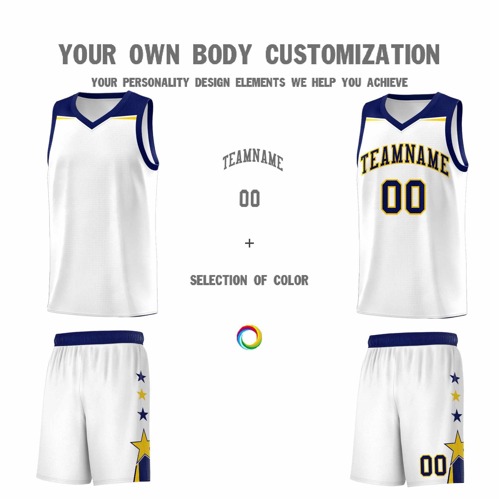 Custom Youth Basketball Uniform White Navy Two Tone Side Star Personalized Team Jersey