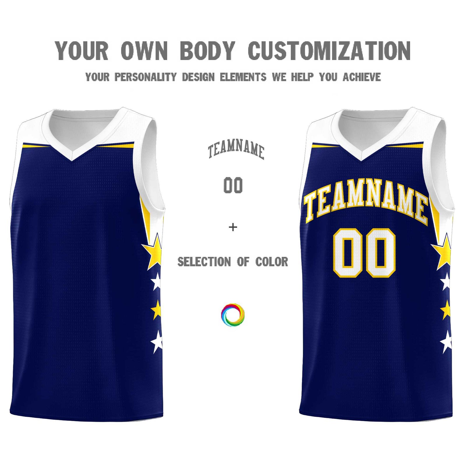 Custom Youth Basketball Uniform Navy White Two Tone Side Star Add Name Number & Logo
