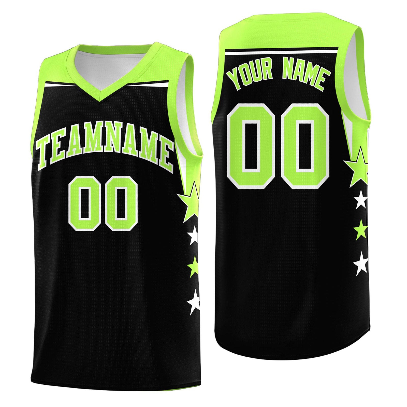 Custom Youth Basketball Uniform Black Fluorescent Green Two Tone Side Star Personalized Team Jersey