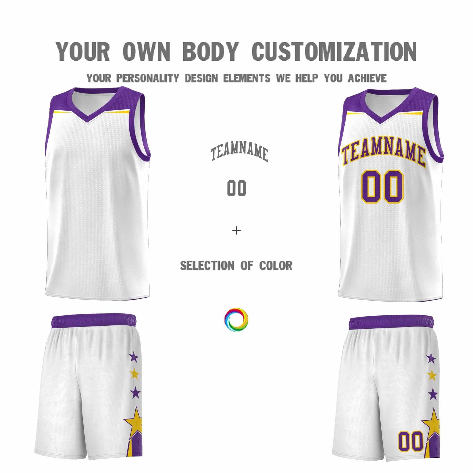 Custom Youth Basketball Uniform White Purple Two Tone Side Star Color Block Team Jersey