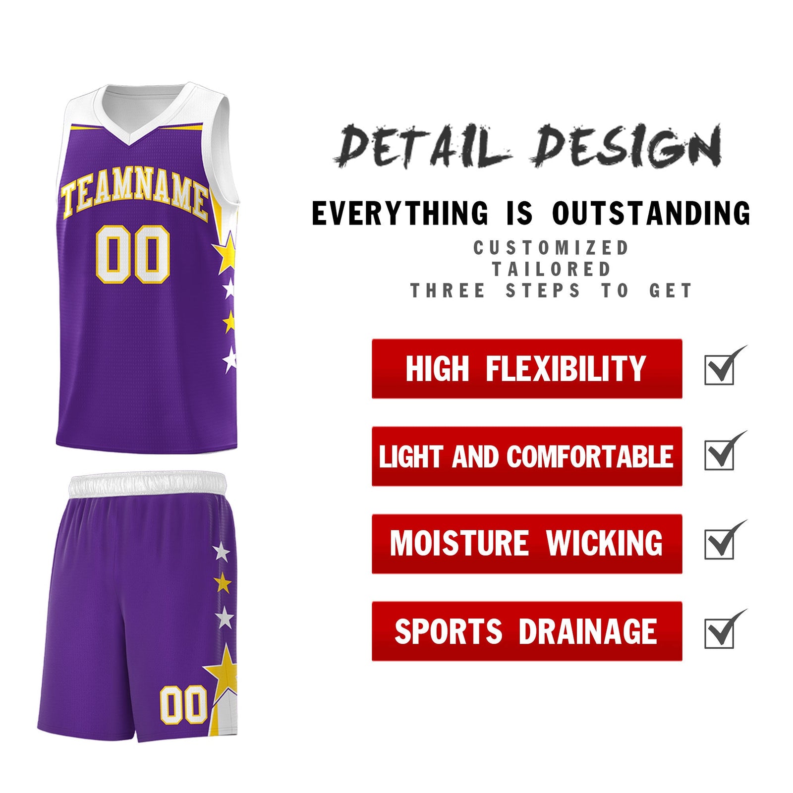 Custom Youth Basketball Uniform Purple White Two Tone Side Star Add Name Number & Logo