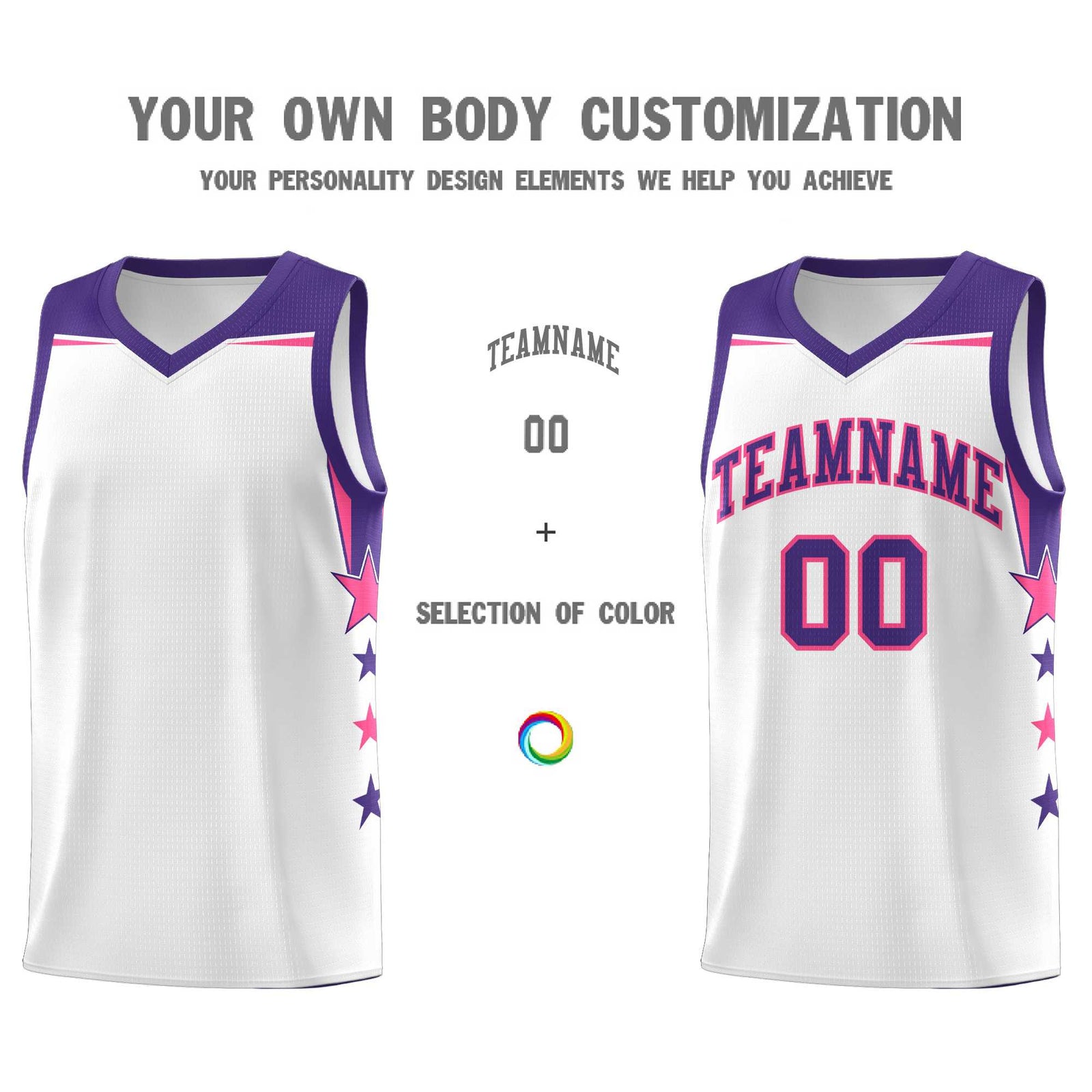 Custom Youth Basketball Uniform White Purple Two Tone Side Star Color Block Team Jersey