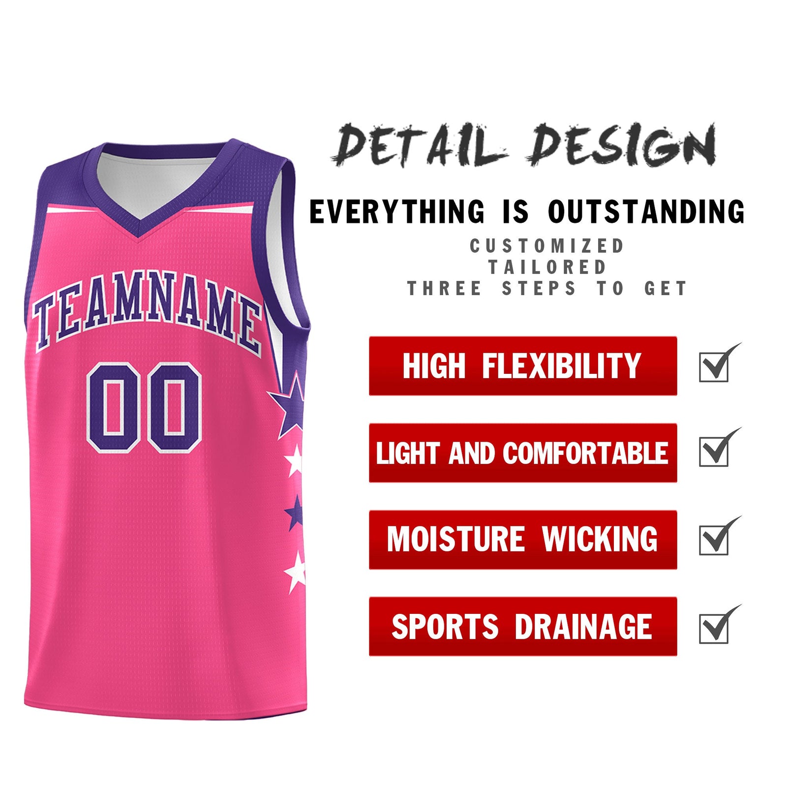 Custom Youth Basketball Uniform Pink Purple Two Tone Side Star Add Name Number & Logo