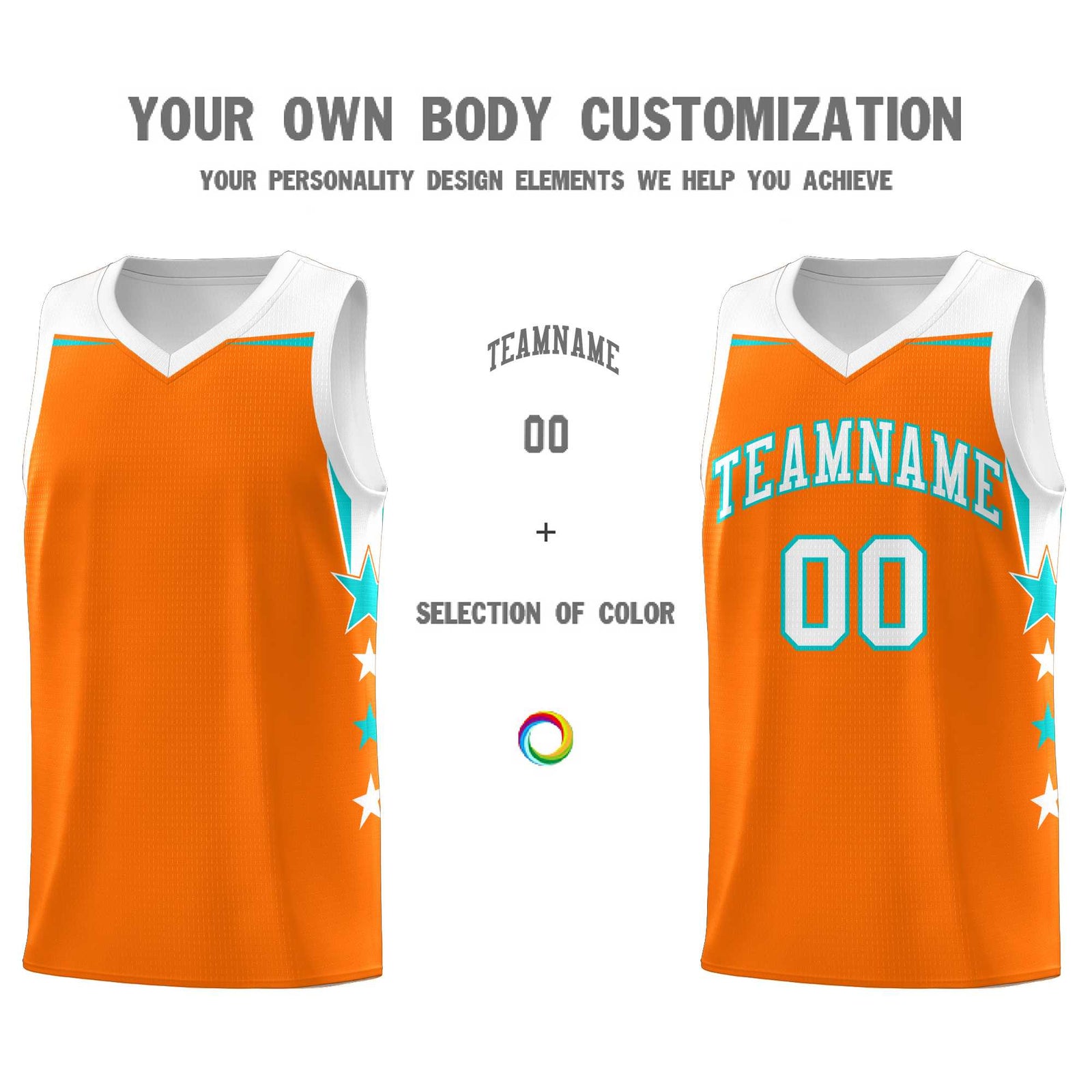 Custom Youth Basketball Uniform Orange White Two Tone Side Star Add Name Number & Logo
