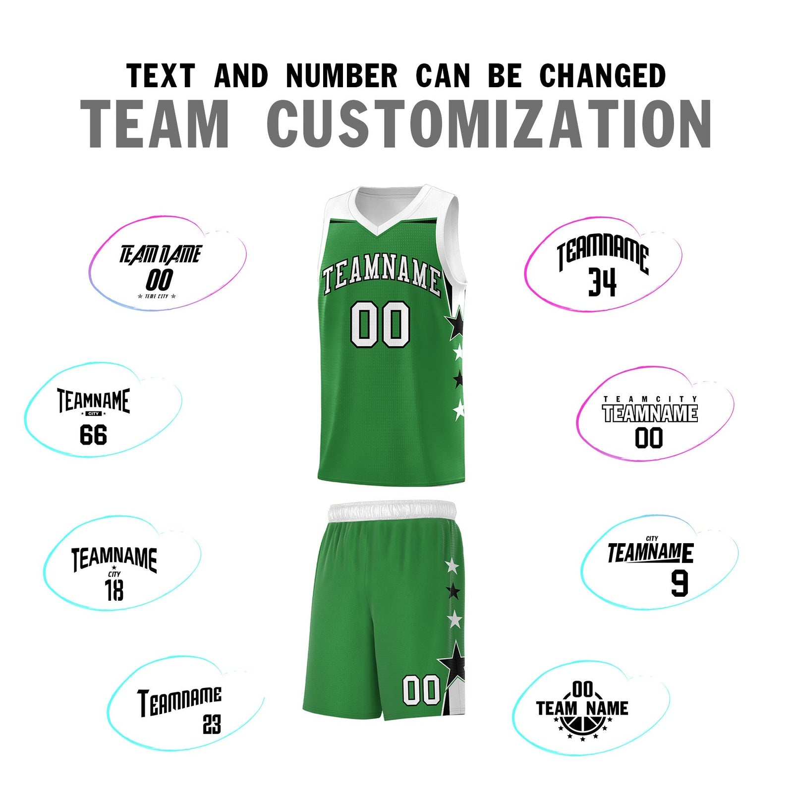 Custom Youth Basketball Uniform Kelly Green White Two Tone Side Star Add Name Number & Logo