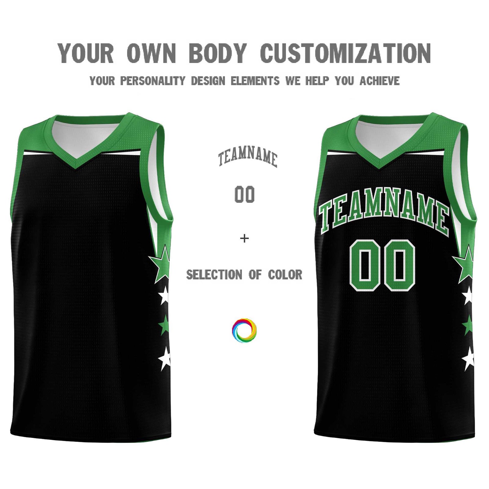 Custom Youth Basketball Uniform Black Kelly Green Two Tone Side Star Personalized Team Jersey