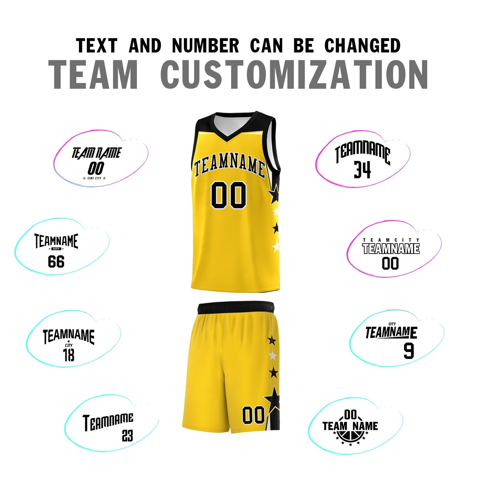 Custom Youth Basketball Uniform Gold Black Two Tone Side Star Personalized Team Jersey