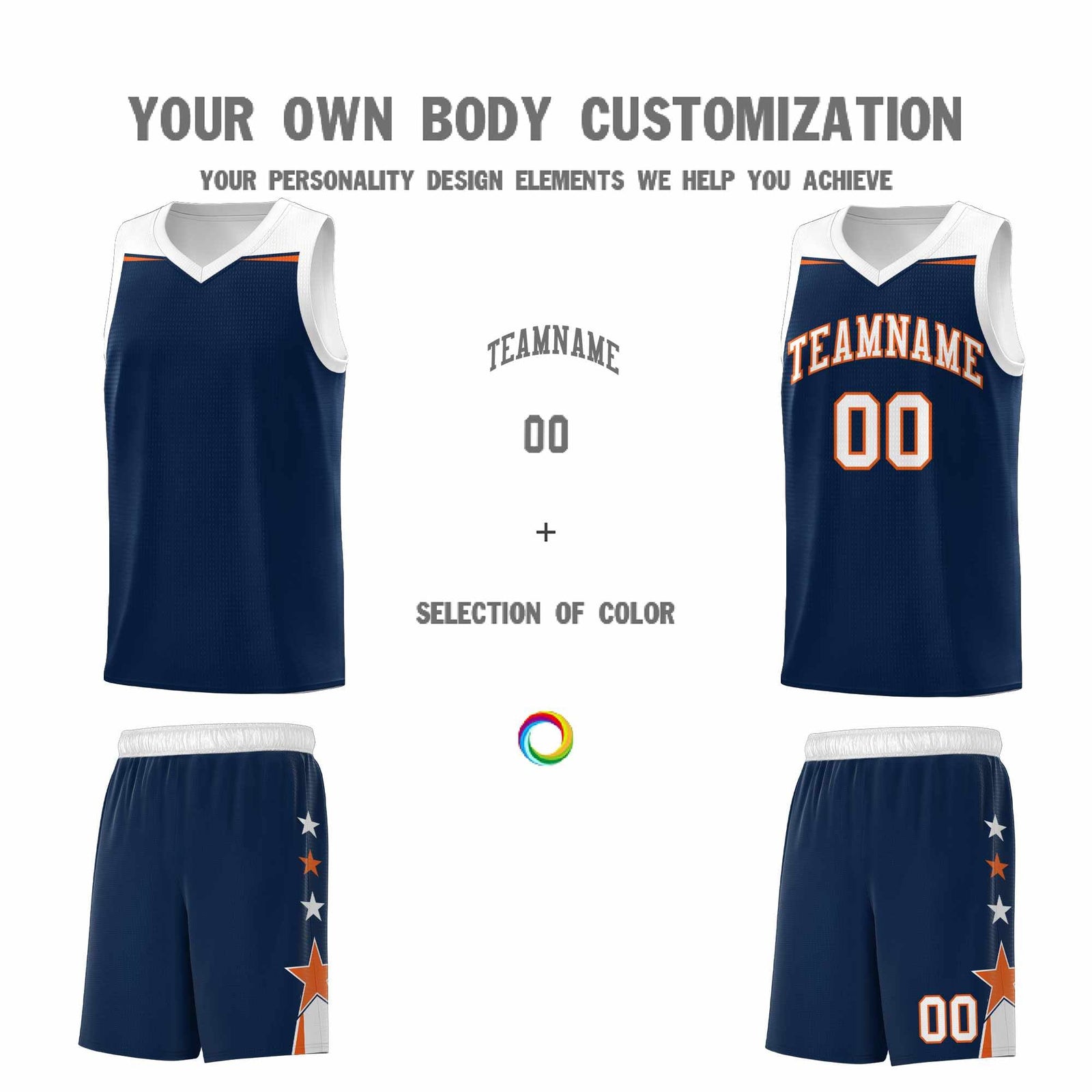 Custom Youth Basketball Uniform Navy White Two Tone Side Star Add Name Number & Logo