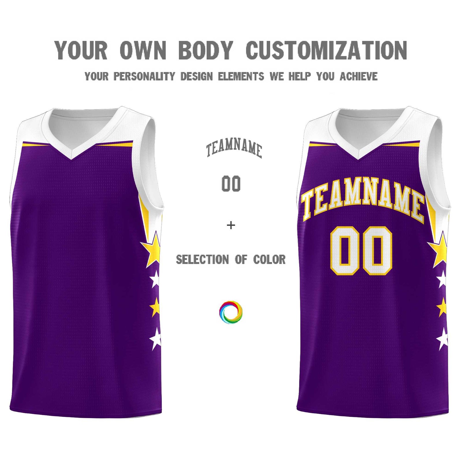 Custom Youth Basketball Uniform Purple White Two Tone Side Star Add Name Number & Logo
