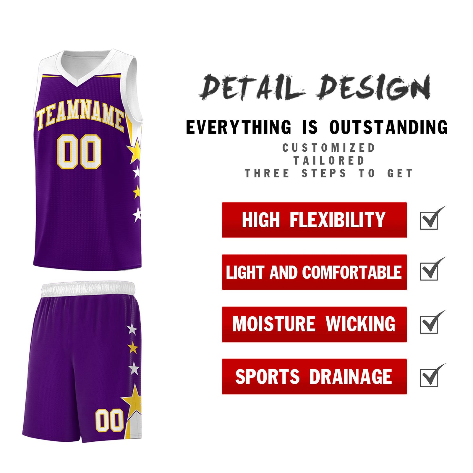 Custom Youth Basketball Uniform Purple White Two Tone Side Star Add Name Number & Logo