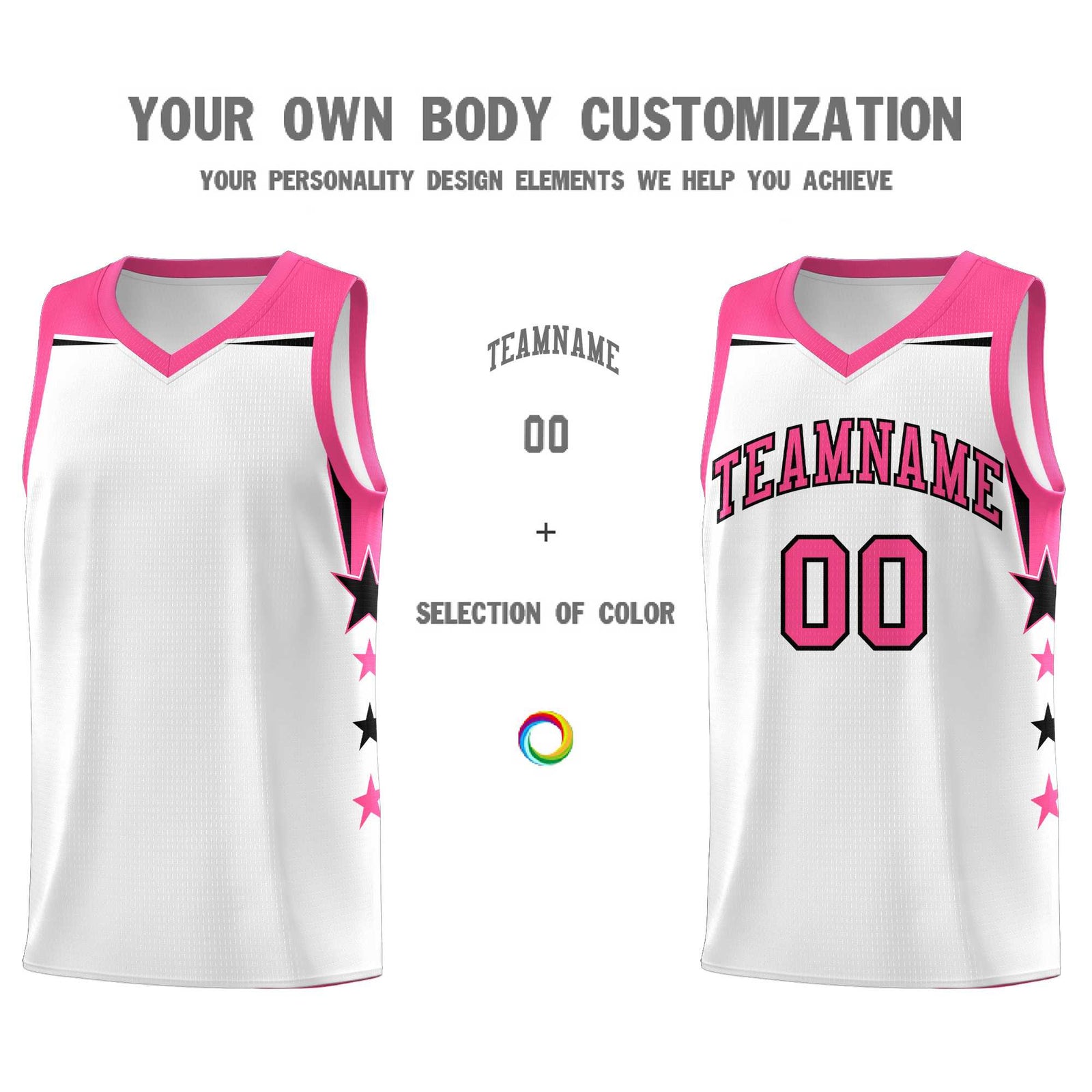 Custom Youth Basketball Uniform White Pink Two Tone Side Star Color Block Team Jersey