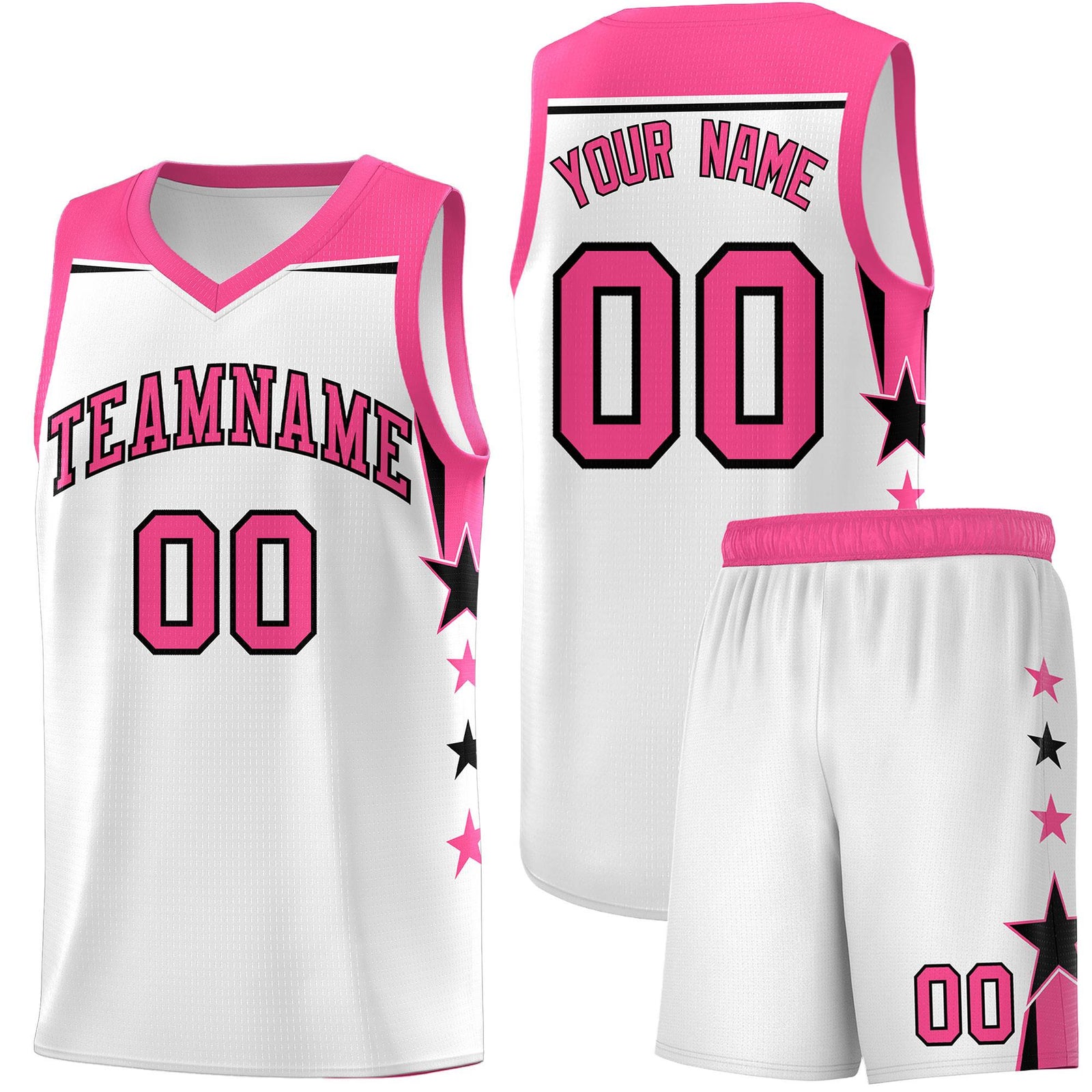 Custom Youth Basketball Uniform White Pink Two Tone Side Star Color Block Team Jersey