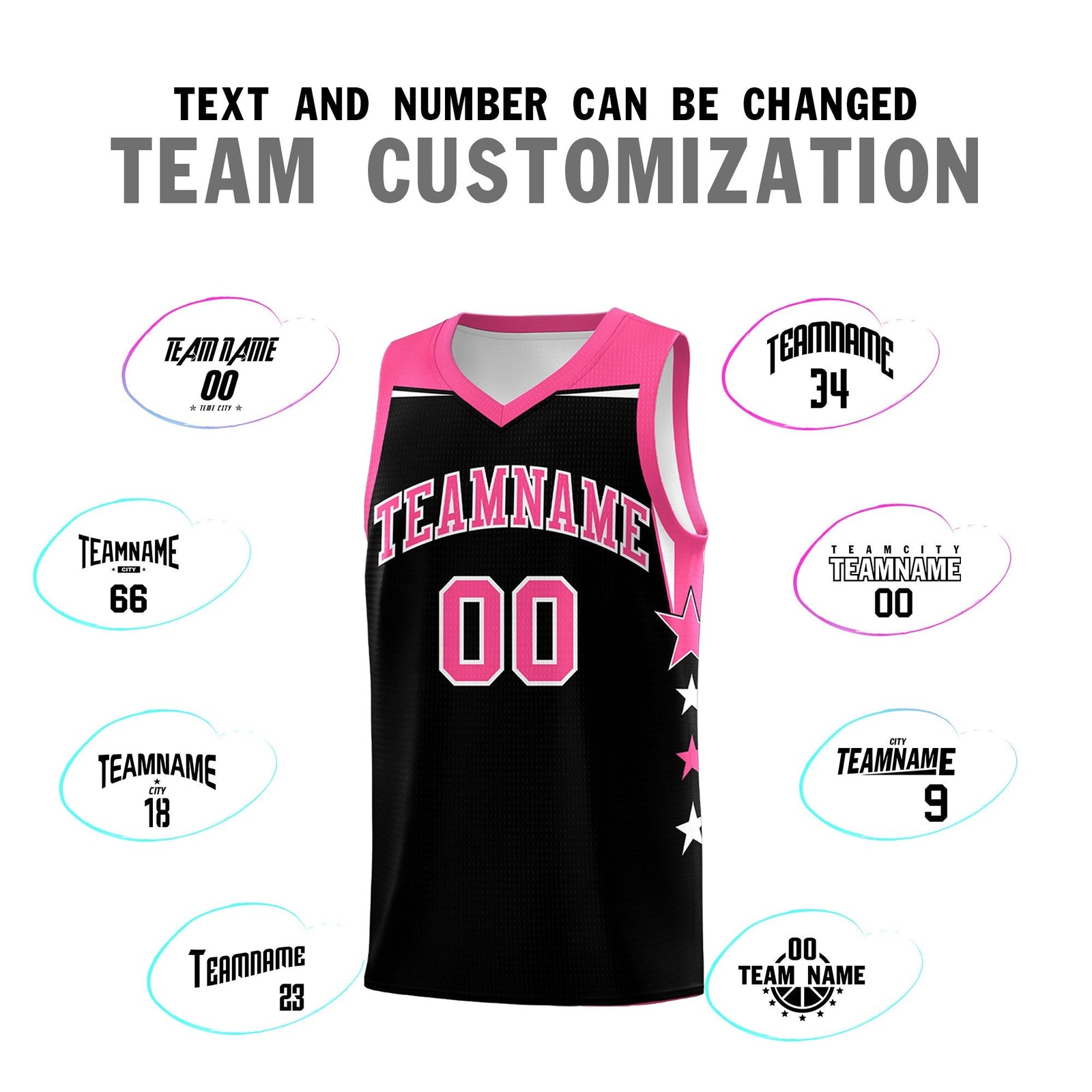 Custom Youth Basketball Uniform Black Pink Two Tone Side Star Personalized Team Jersey