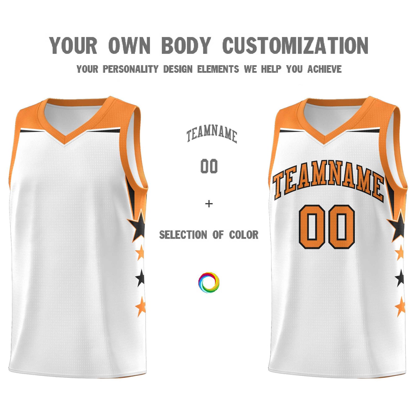 Custom Youth Basketball Uniform White Gold Orange Two Tone Side Star Color Block Team Jersey