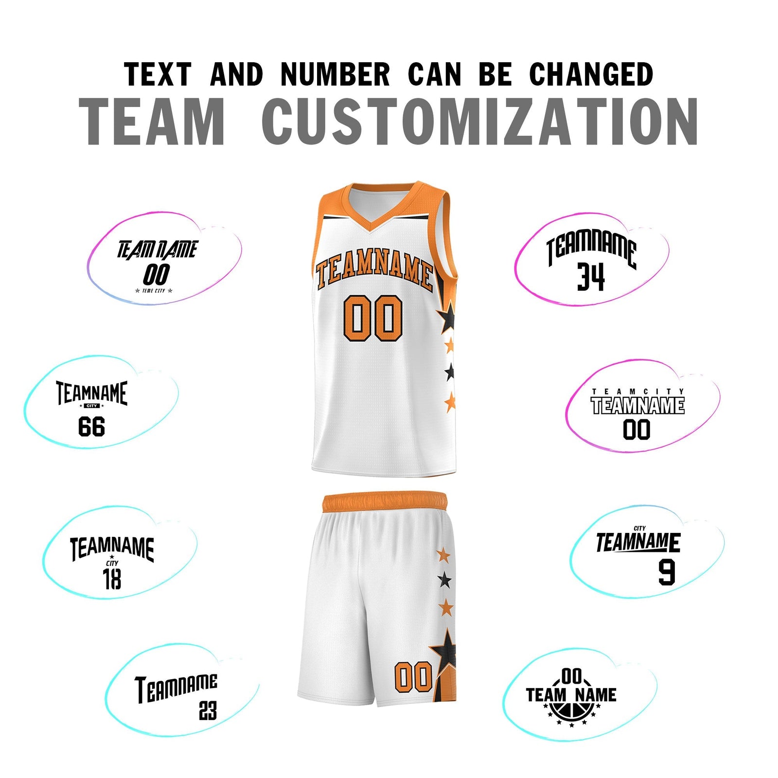 Custom Youth Basketball Uniform White Gold Orange Two Tone Side Star Color Block Team Jersey