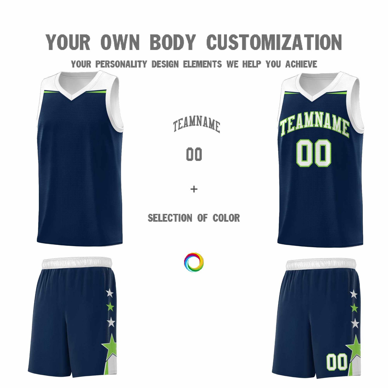 Custom Youth Basketball Uniform Navy White Two Tone Side Star Add Name Number & Logo