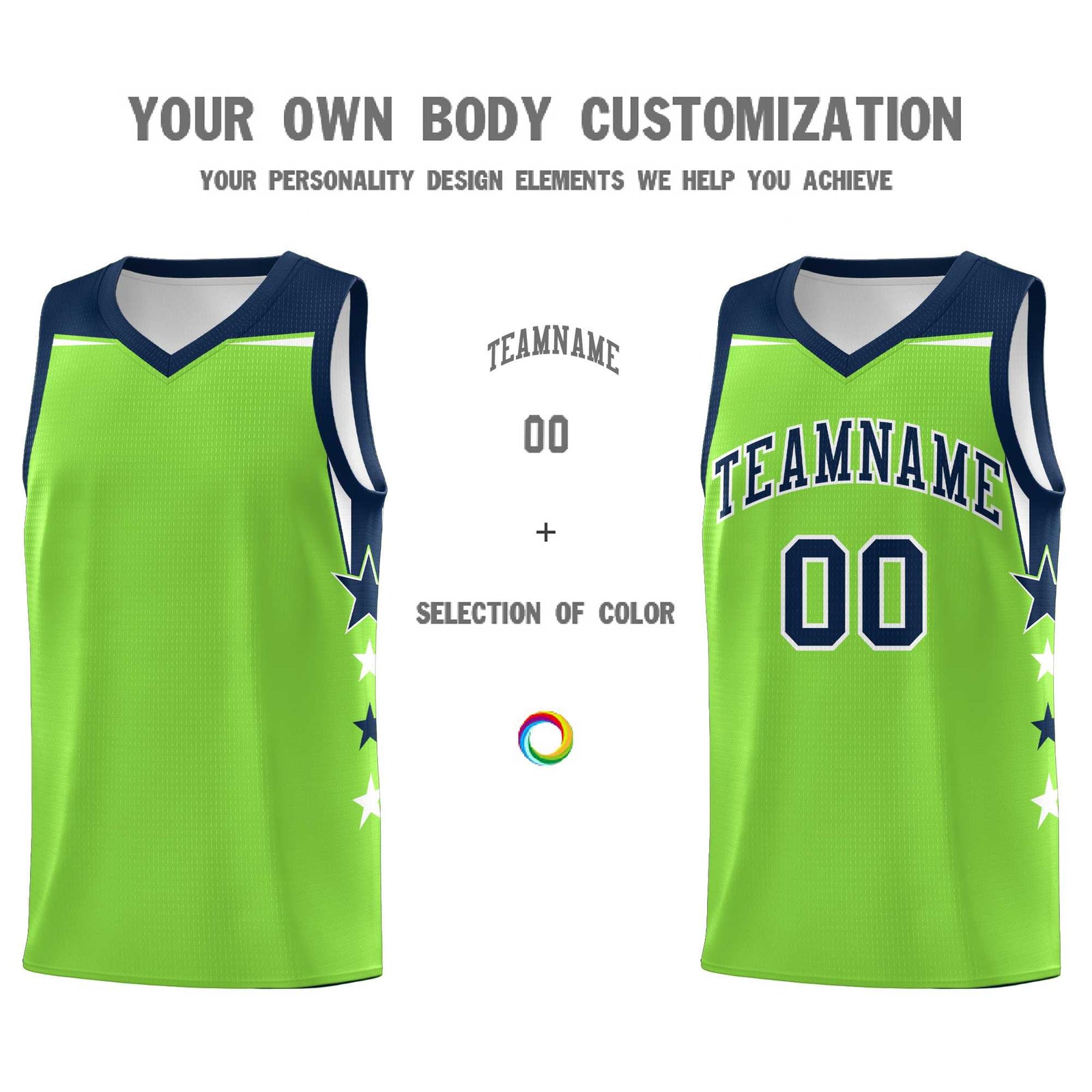 Custom Youth Basketball Uniform Fluorescent Green Navy Two Tone Side Star Personalized Team Jersey