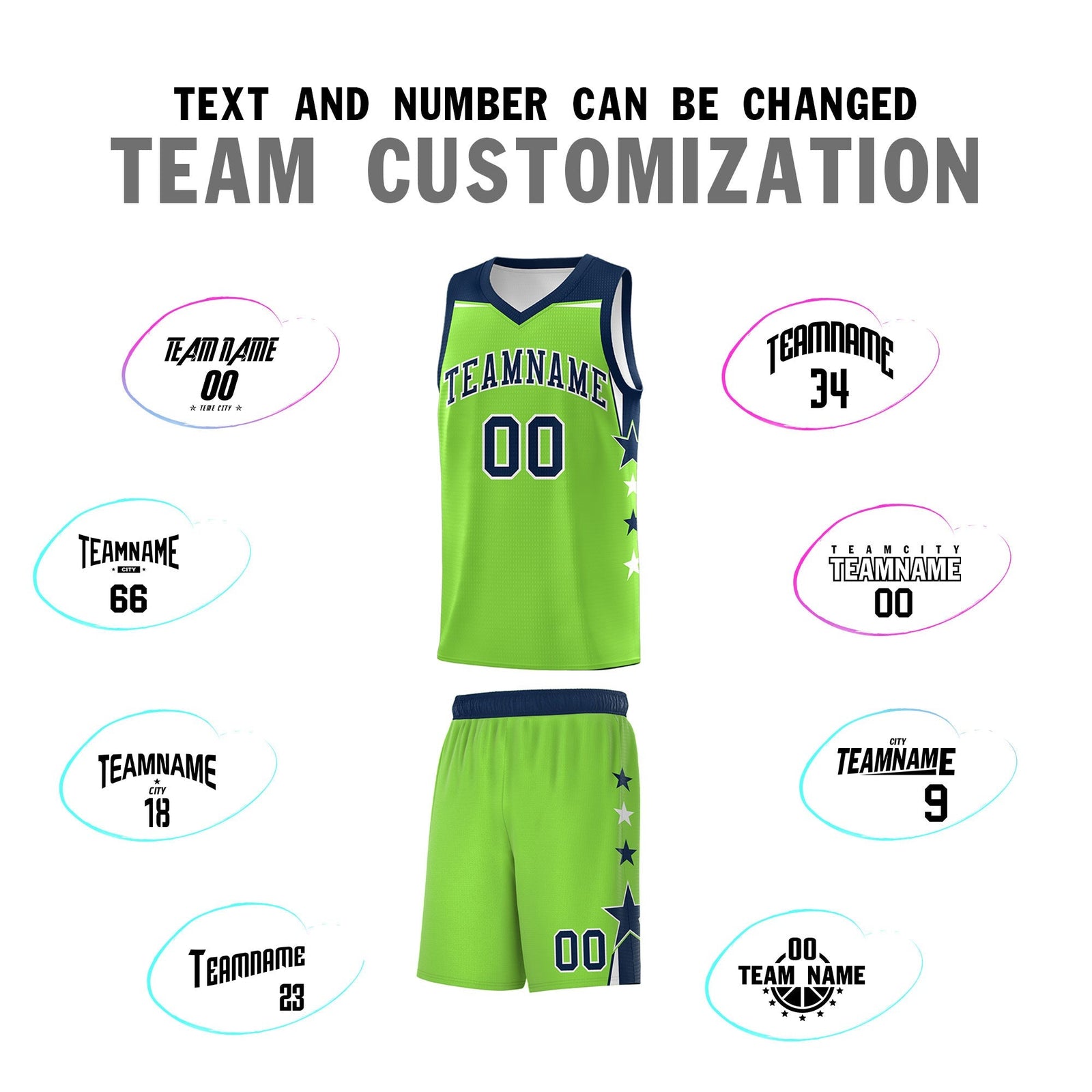 Custom Youth Basketball Uniform Fluorescent Green Navy Two Tone Side Star Personalized Team Jersey