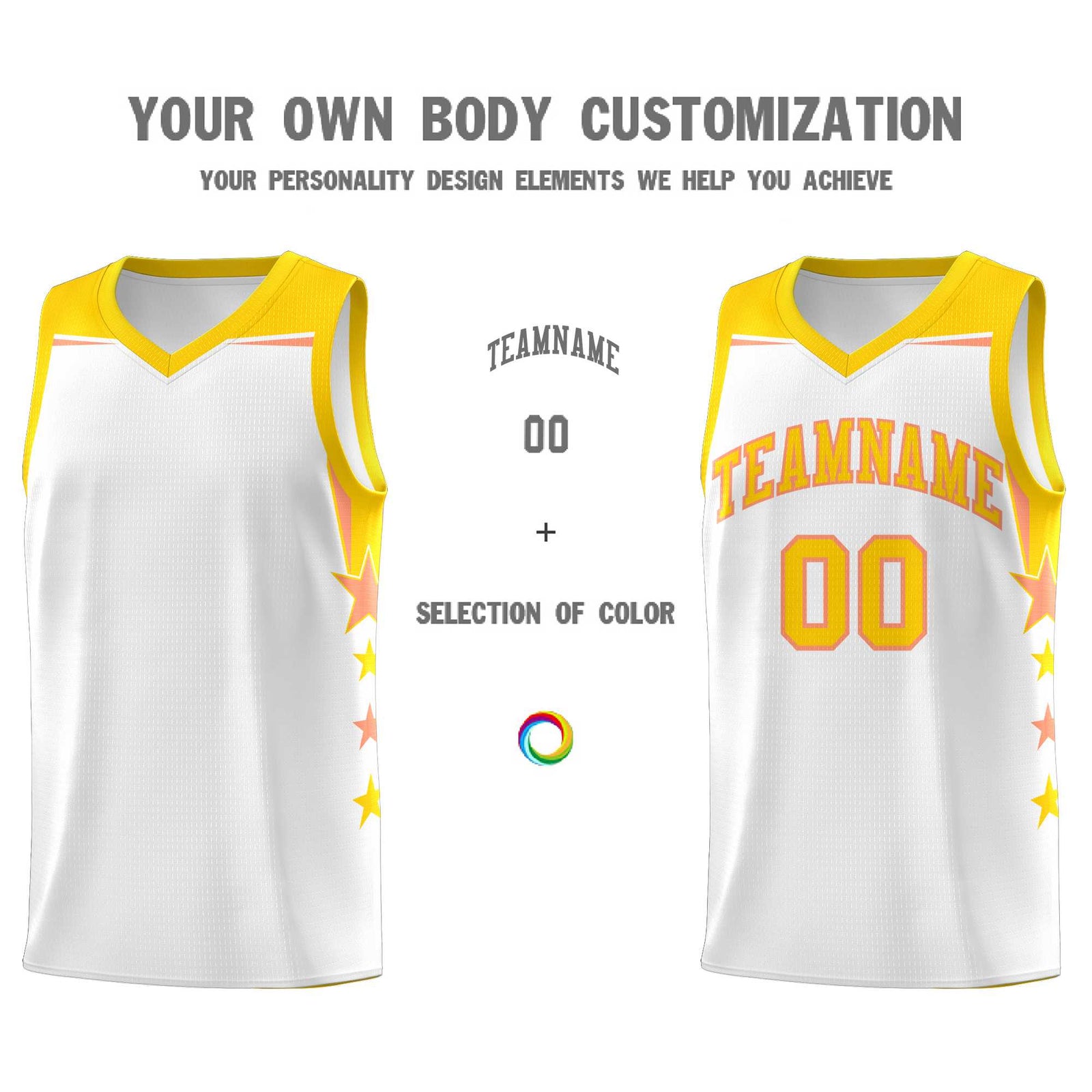 Custom Youth Basketball Uniform White Gold Two Tone Side Star Add Name Number & Logo