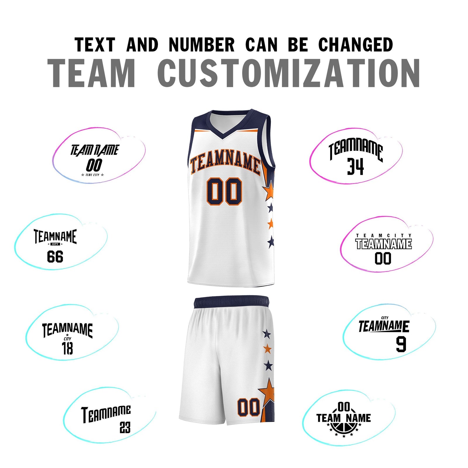 Custom Youth Basketball Uniform White Navy Two Tone Side Star Add Name Number & Logo
