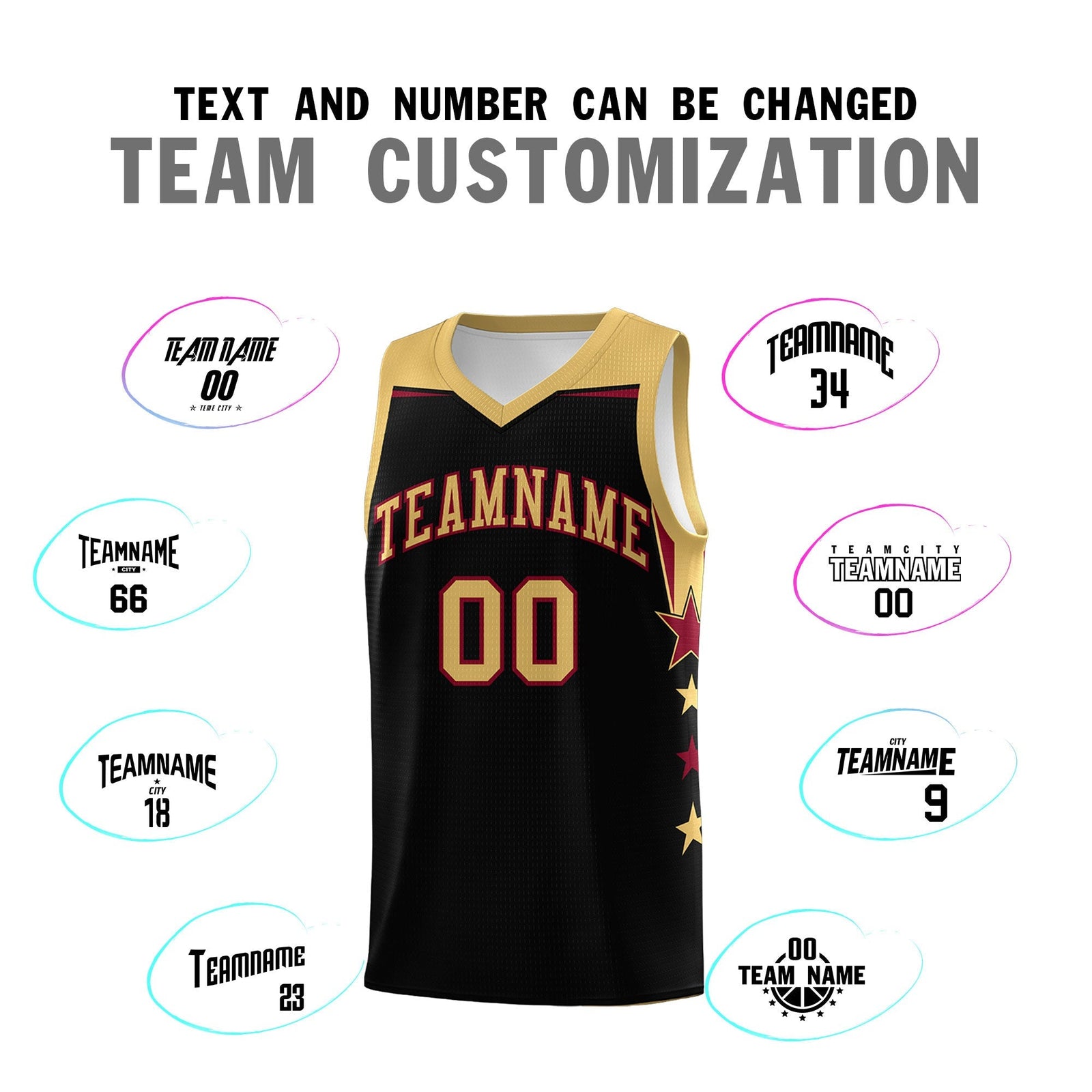 Custom Youth Basketball Uniform Black Old Gold Two Tone Side Star Add Name Number & Logo