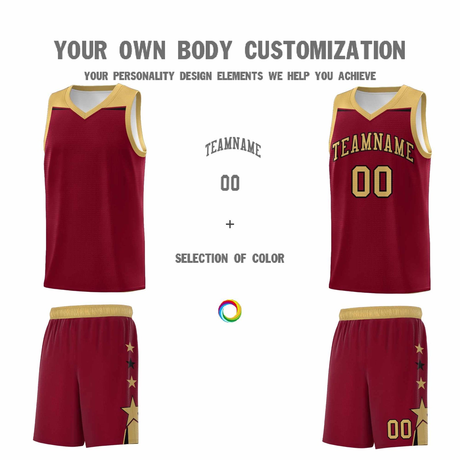 Custom Youth Basketball Uniform Crimson Old Gold Two Tone Side Star Color Block Team Jersey