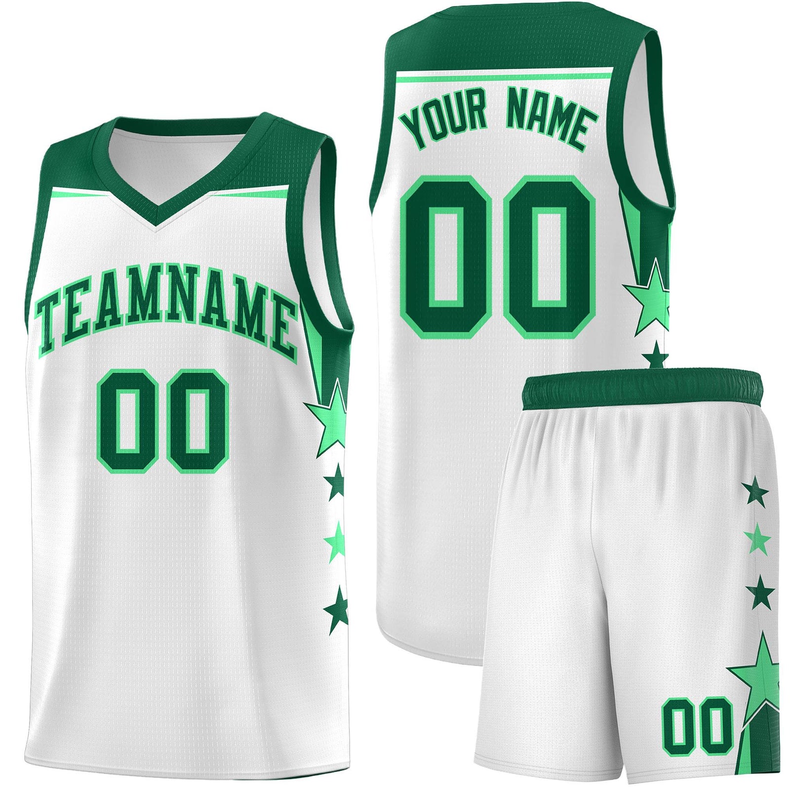 Custom Youth Basketball Uniform White Kelly Green Two Tone Side Star Add Name Number & Logo