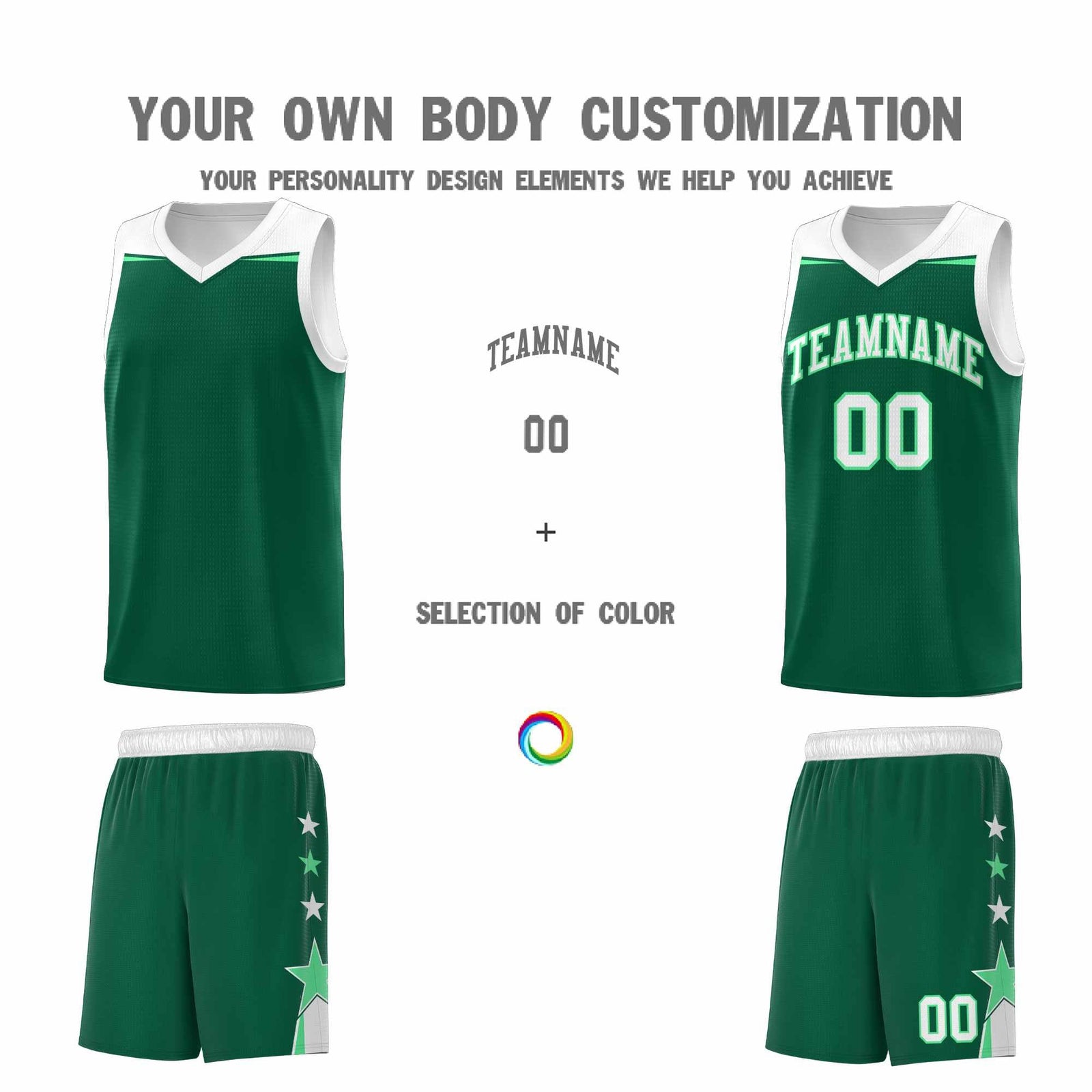 Custom Youth Basketball Uniform Kelly Green White Two Tone Side Star Personalized Team Jersey