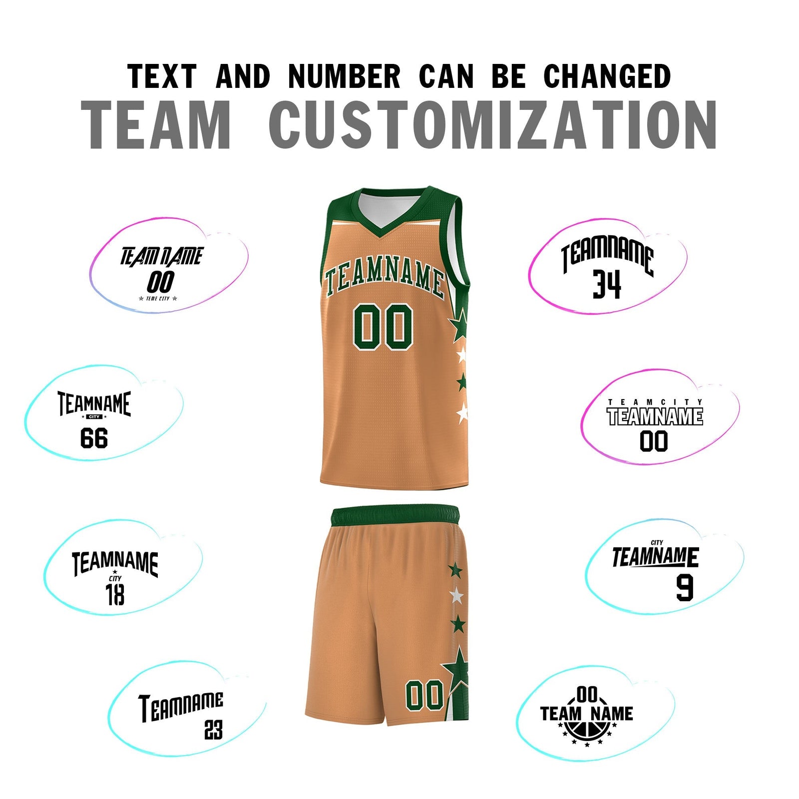 Custom Youth Basketball Uniform Buckskin Brown Green Two Tone Side Star Color Block Team Jersey