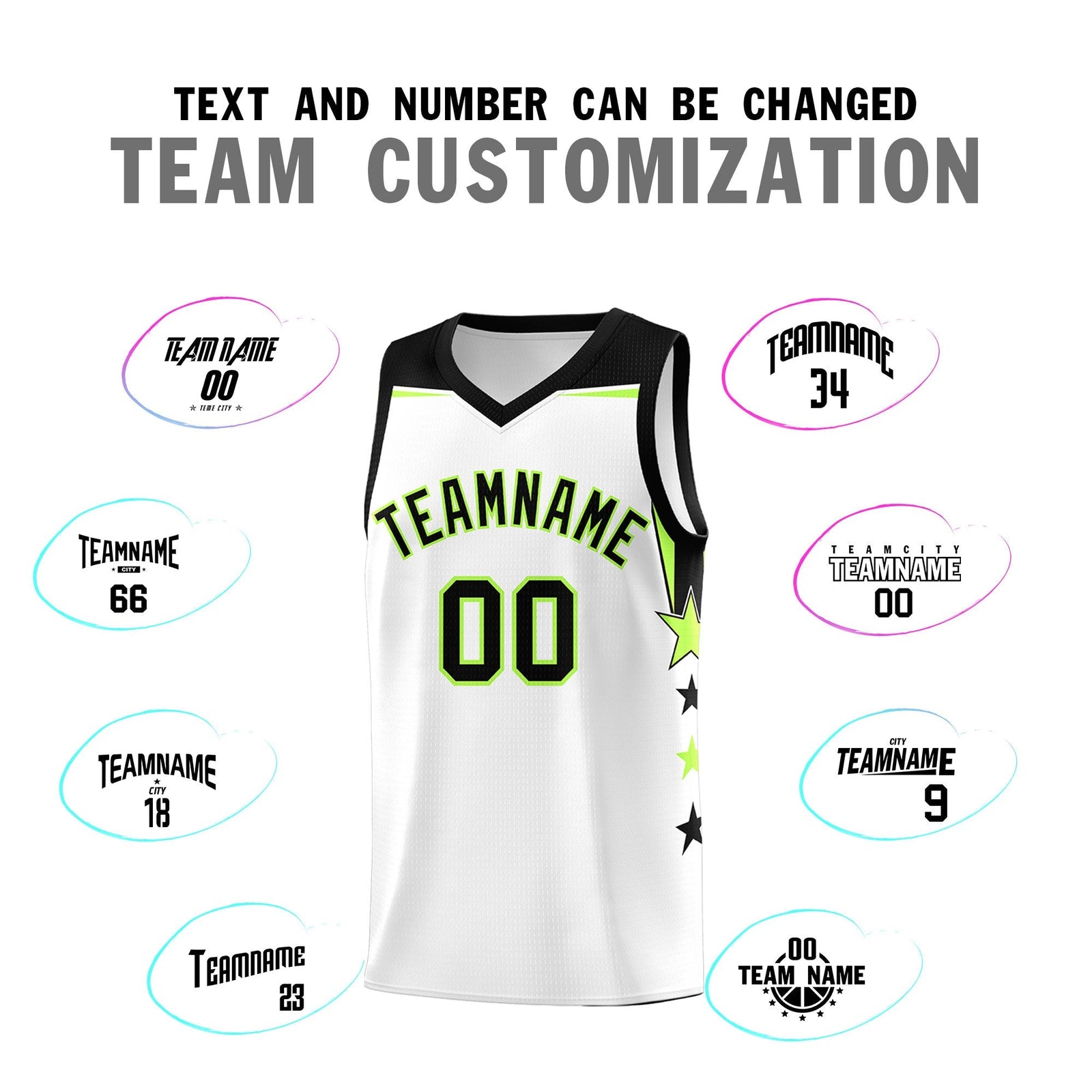 Custom Youth Basketball Uniform White Black Two Tone Side Star Add Name Number & Logo